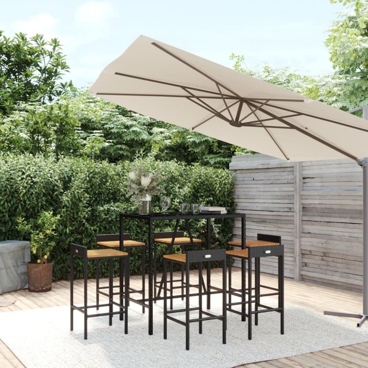 VIDAXL Ensemble de bar jardin 7 pcs noir poly rotin/bois massif acacia
