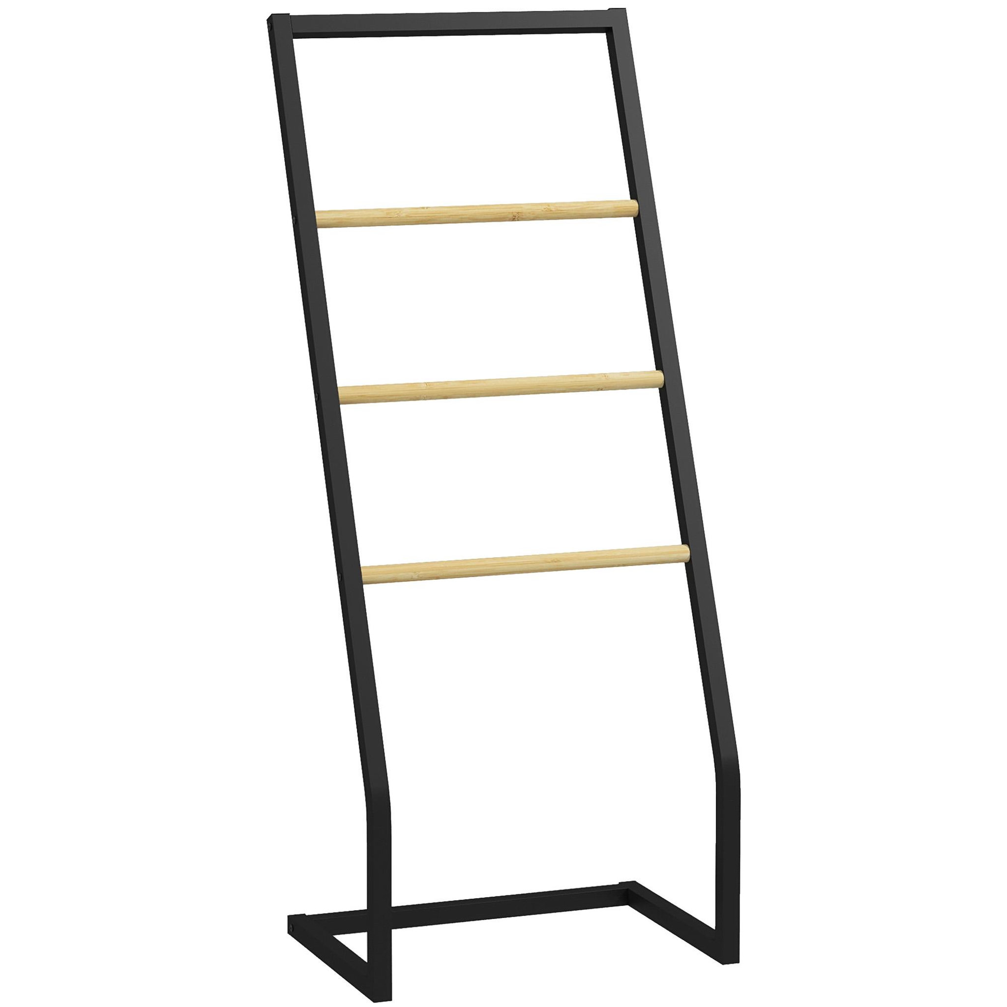 HOMCOM Porte-serviettes sur pieds en bambou et acier avec 4 barres support 40,5l x 28l x 98h cm - noir et naturel
