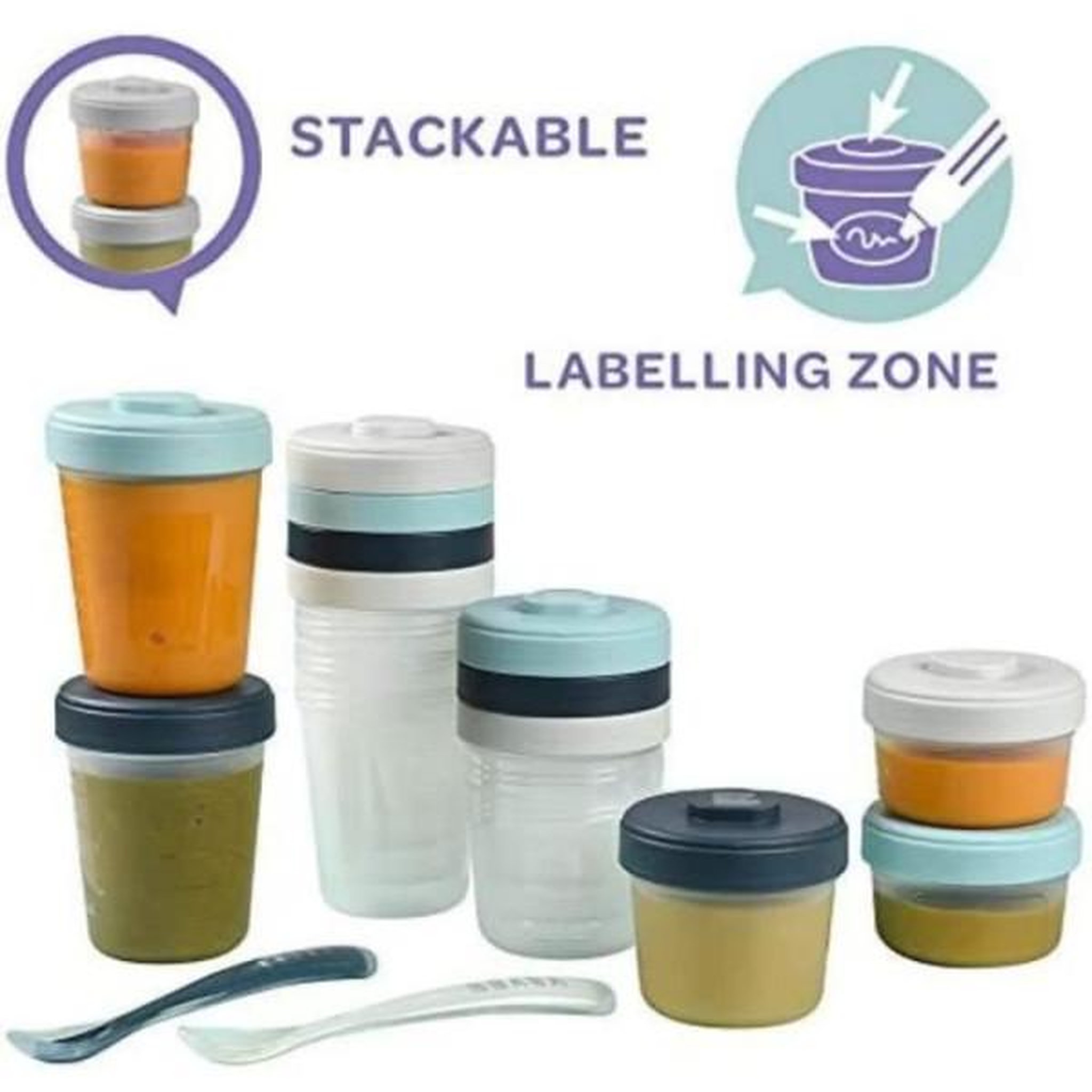 Voir la diapositive 3 : MARKET24 Béaba - lot 12 portions conservation et 2 cuilleres silicone - pack 1er repas - storm