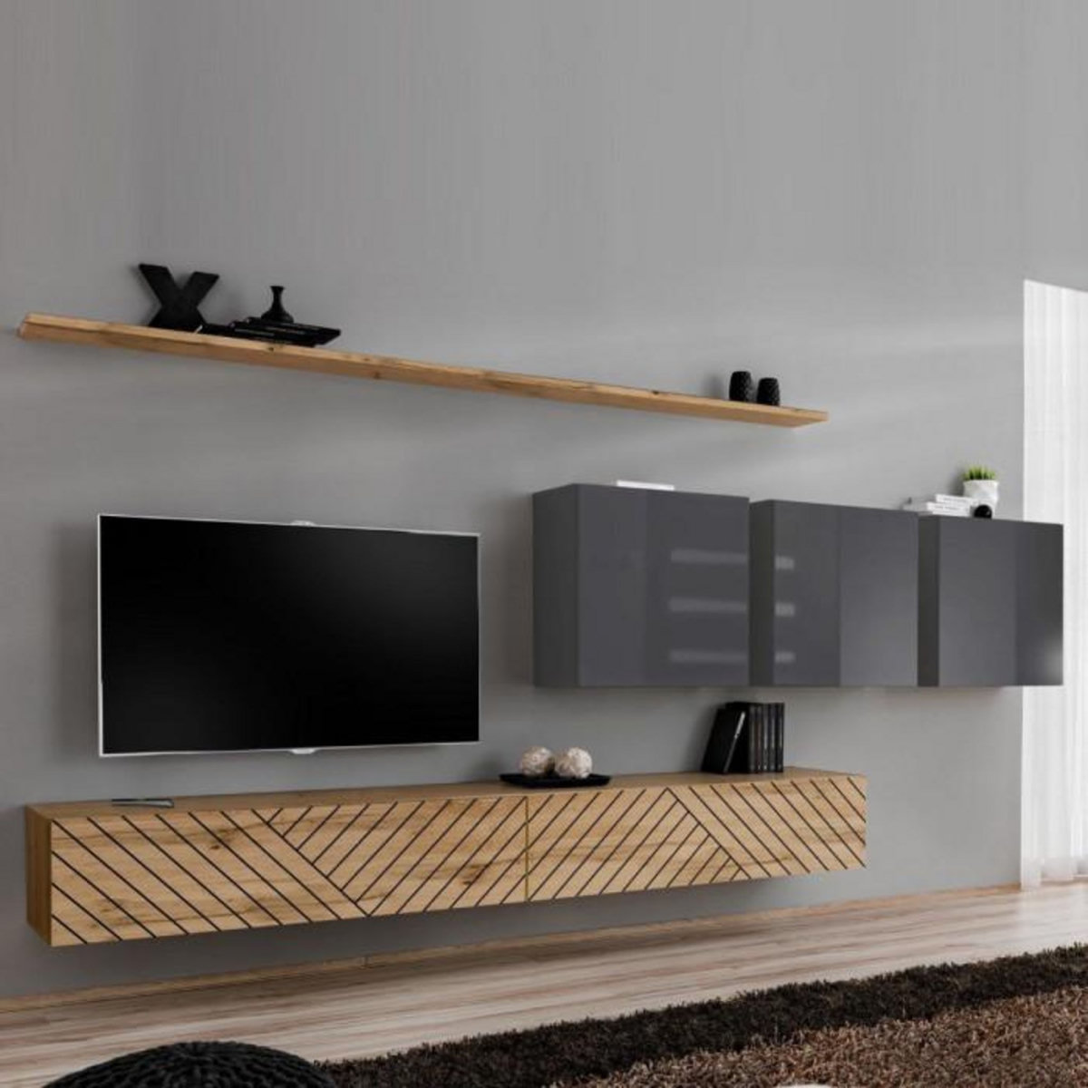 Paris Prix Ensemble Meuble TV  Switch Lamel VII  340cm Naturel & Gris