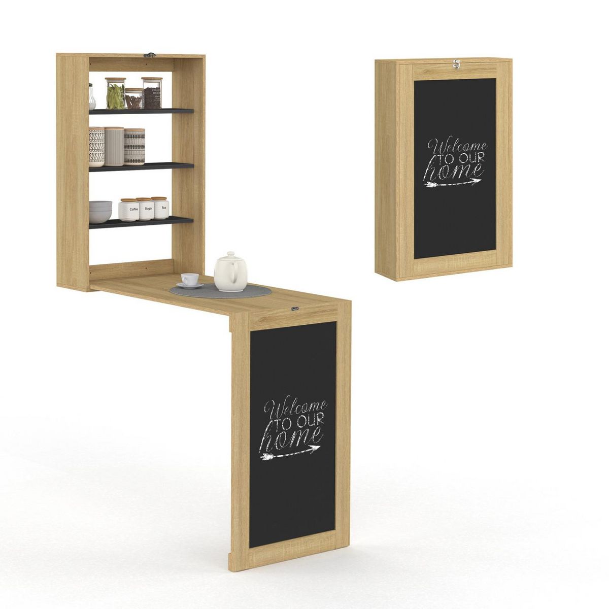 ID MARKET Table murale pliable MACCHIA avec étagères et tableau craie 2 personnes bois et noir
