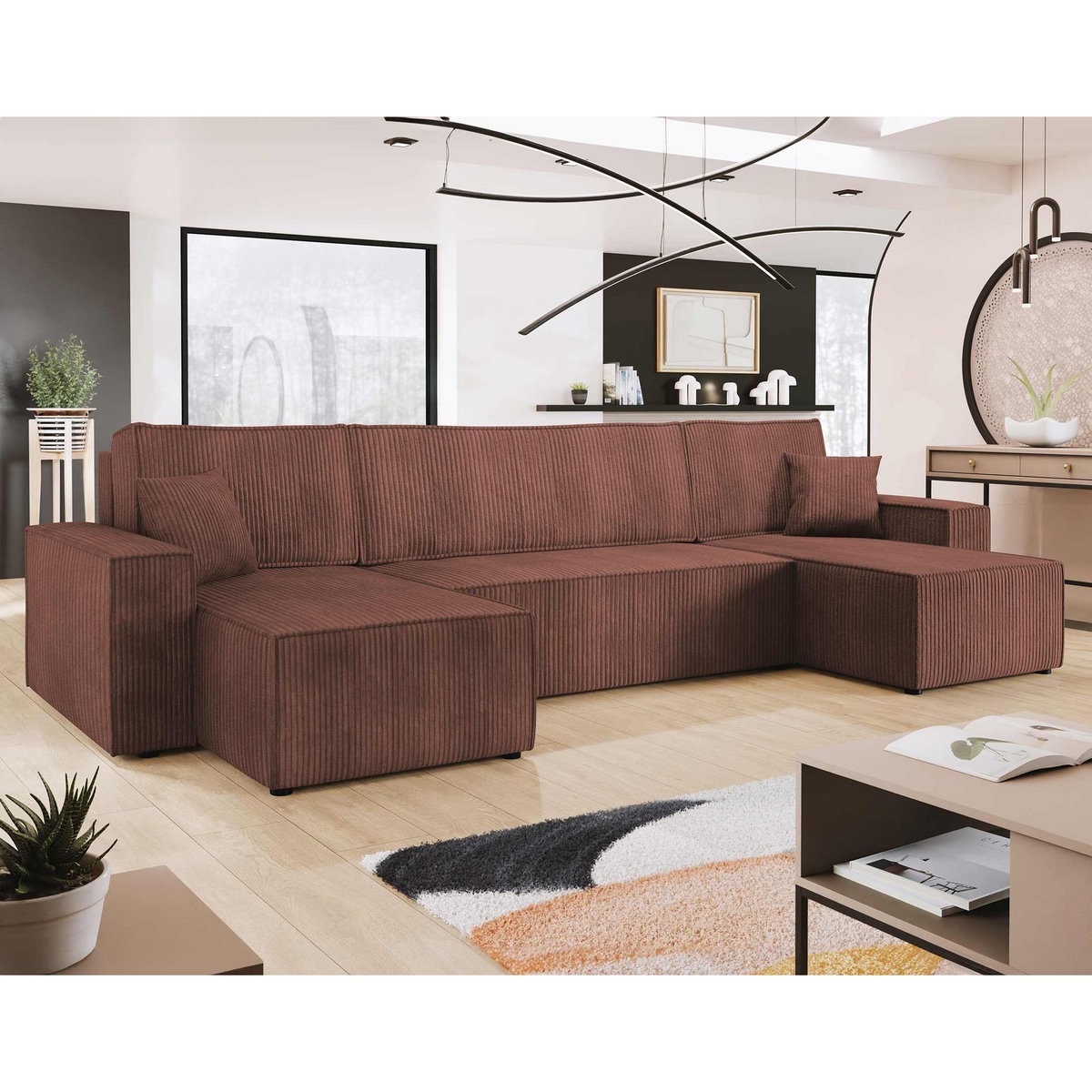 BEST MOBILIER Cezanne - canapé panoramique en u - 7 places - convertible avec coffre - en velours côtelé