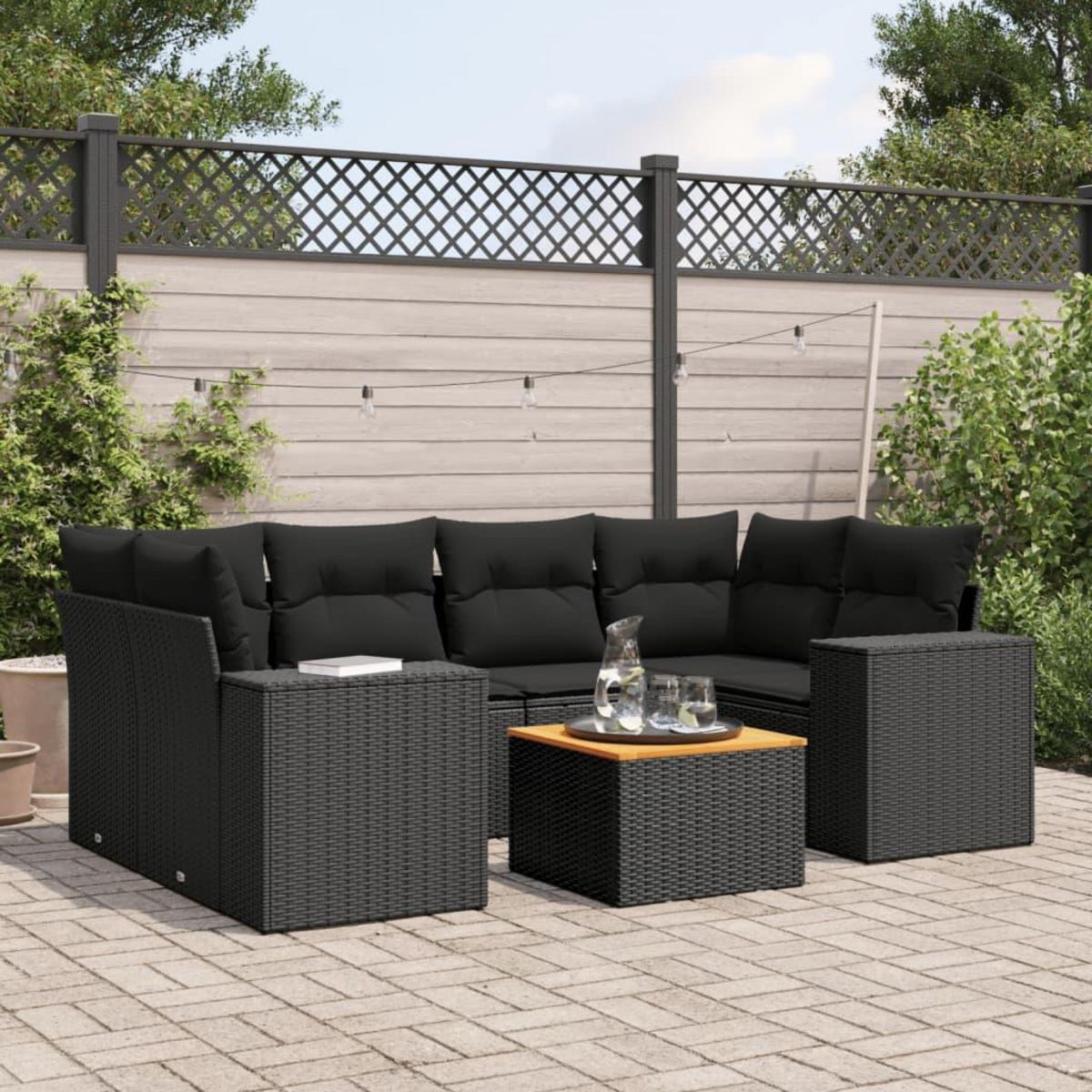 VIDAXL Salon de jardin 7 pcs avec coussins noir resine tressee