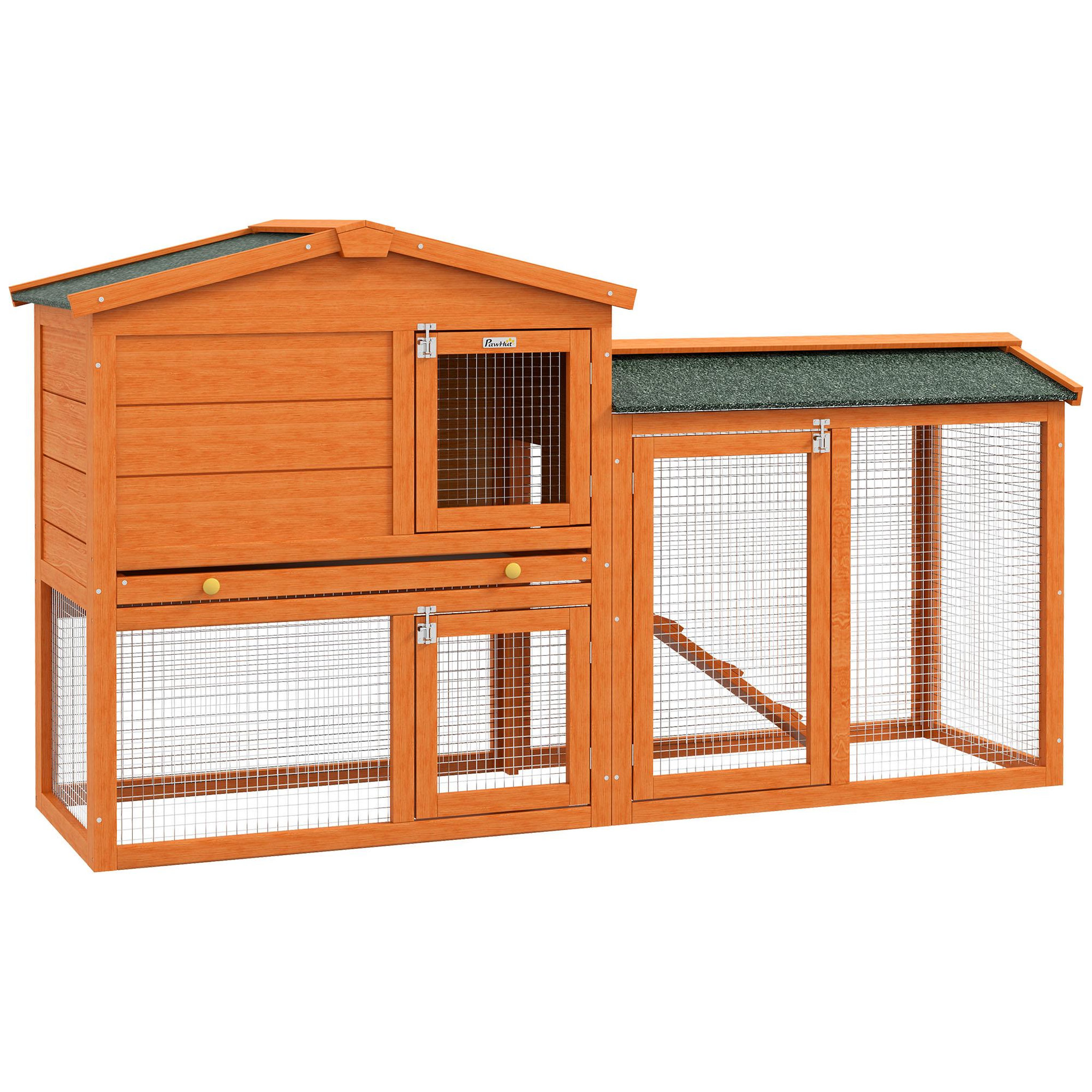 PAWHUT Clapier cage à lapins rongeurs 2 niveaux 3 portes verrouillables tiroir à déjection 145l x 45l x 85h cm bois sapin lasuré