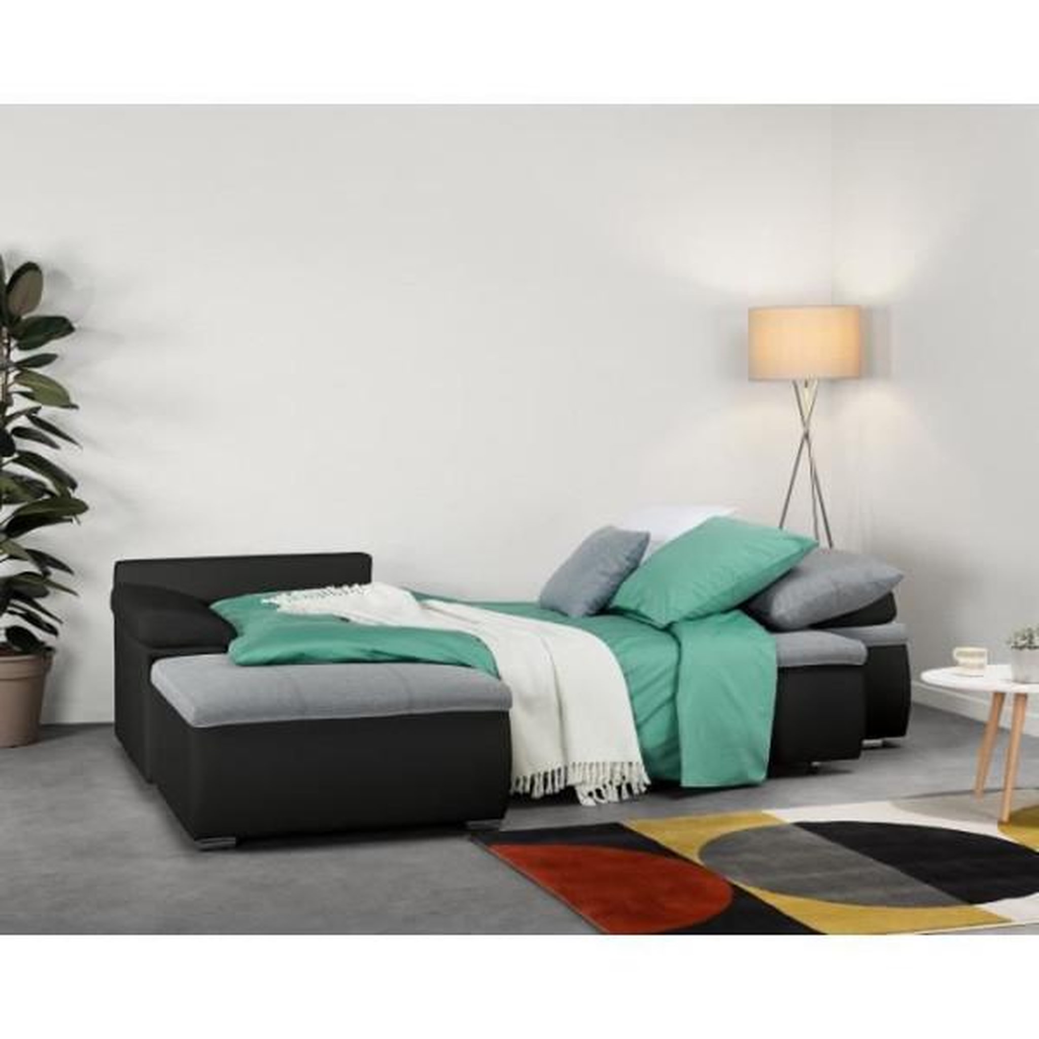 Voir la diapositive 5 : MARKET24 Canapé d'angle réversible convertible 3 places+Coffre - Simili noir et tissu gris - L 274 x P 184 cm - CELINA - Fabriqué en U