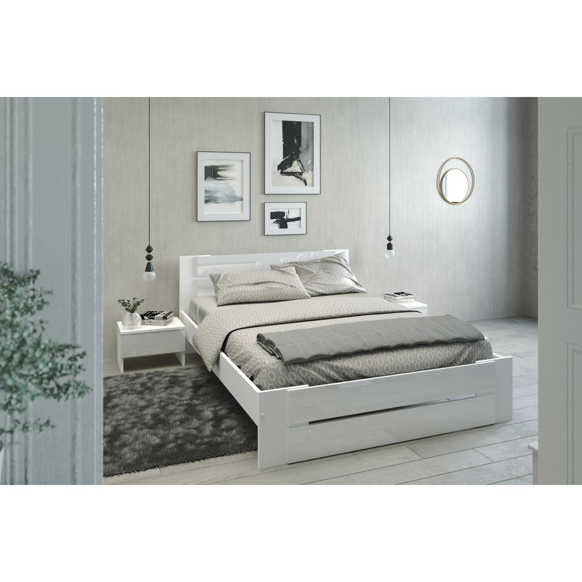Lit adulte WHITE , couchage 140x190 cm, blanc brillant