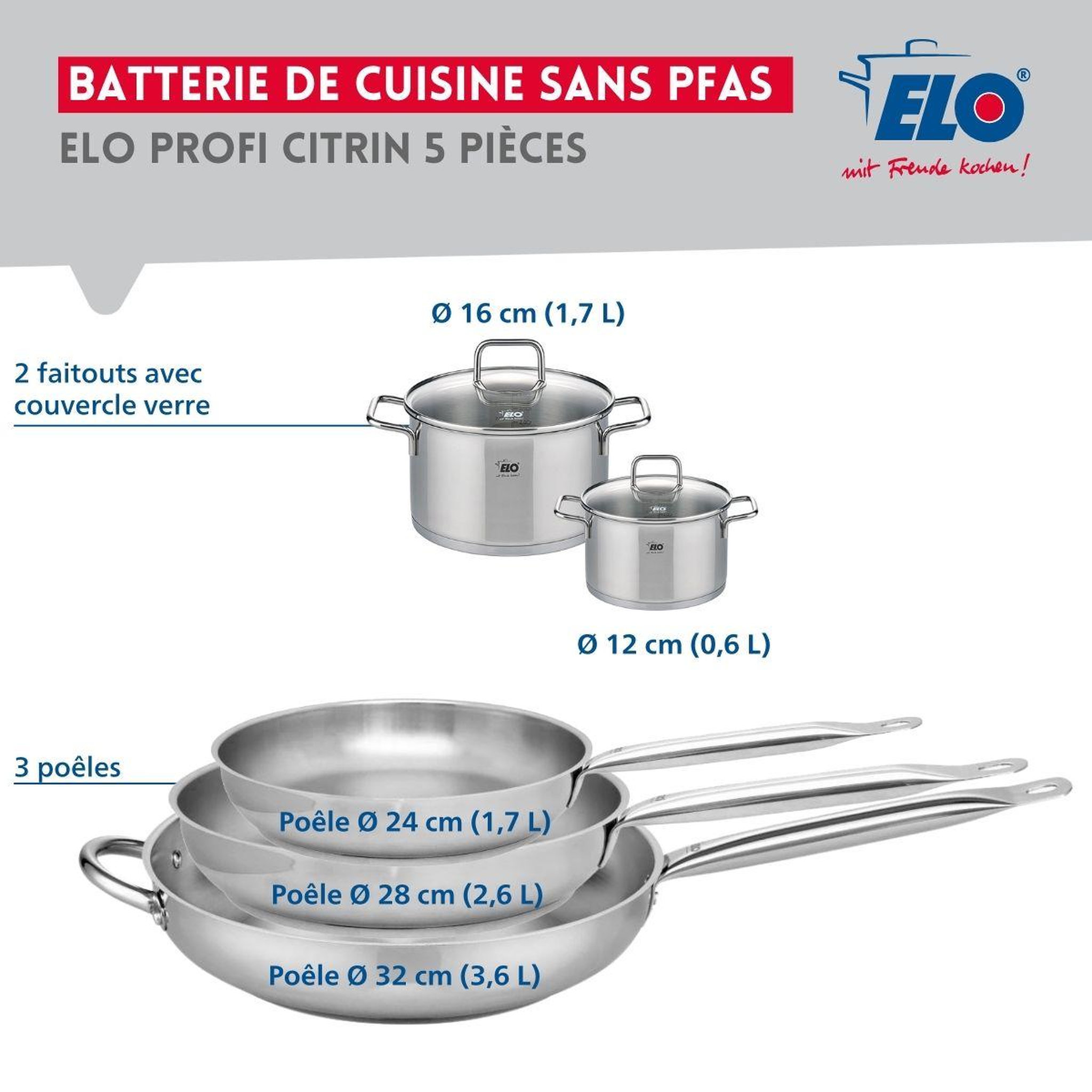 Voir la diapositive 2 : ELO Ensemble de 3 poêles de cuisson 24, 28 et 32 cm et 2 faitouts 12 et 16 cm elo profi citrin