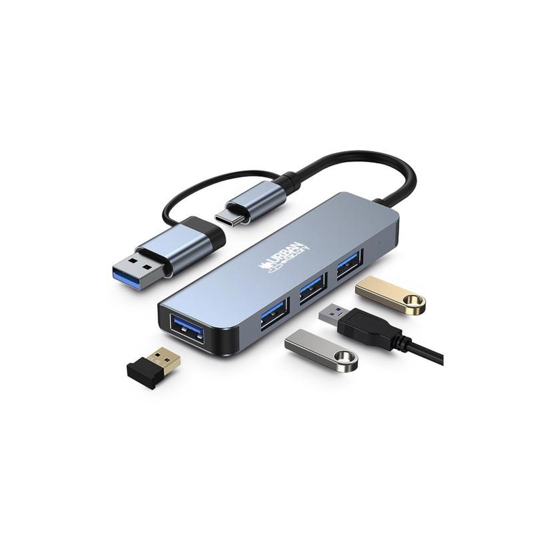 Voir la diapositive 4 : URBAN FACTORY Hub USB Urban Factory HUB USB 4 PORTS USB 3.0 + ADAPTATEUR USB A FEMELLE USB C MALE GRIS SIDERAL