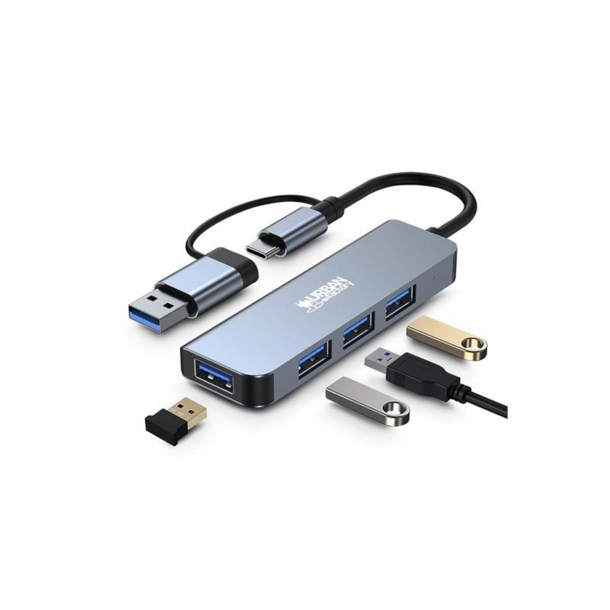 URBAN FACTORY Hub USB Urban Factory HUB USB 4 PORTS USB 3.0 + ADAPTATEUR USB A FEMELLE USB C MALE GRIS SIDERAL
