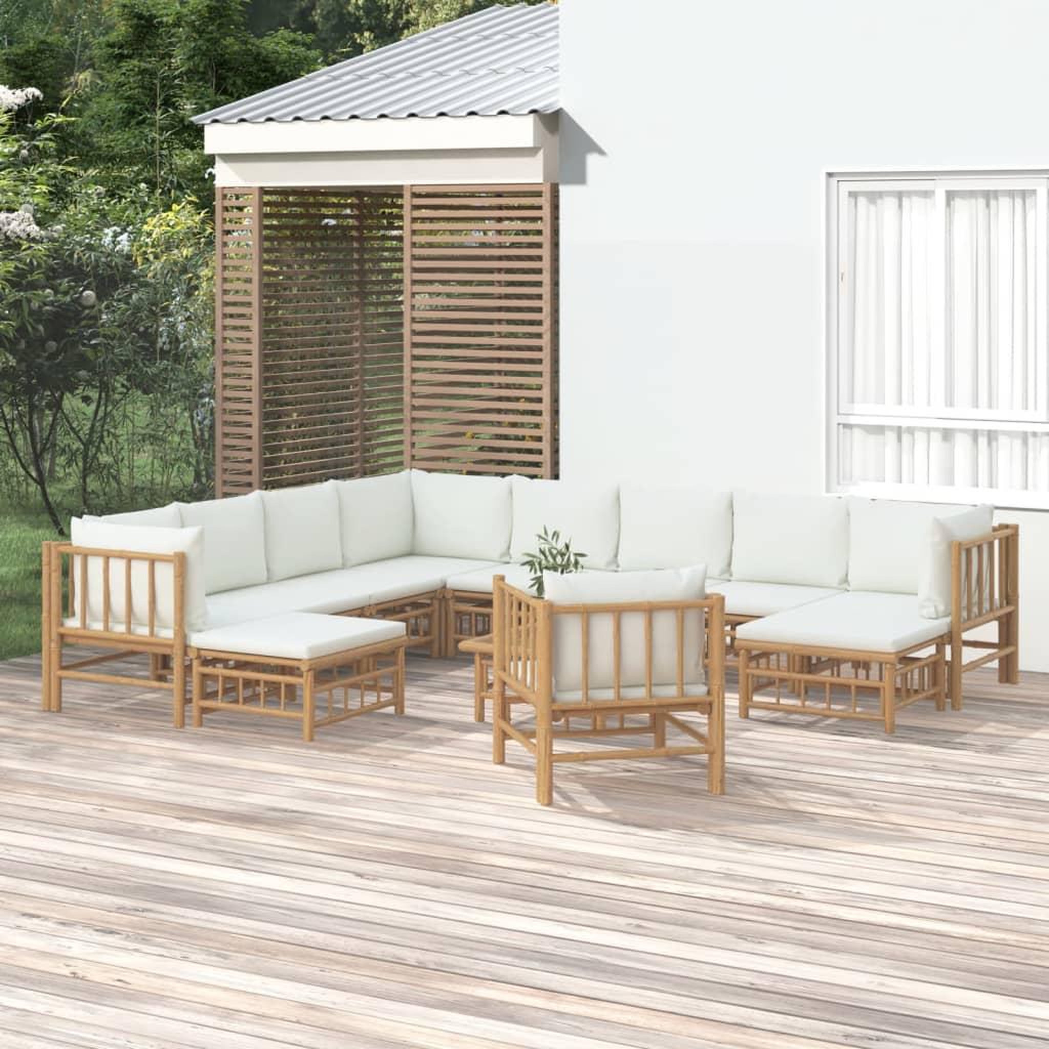 Voir la diapositive 1 : VIDAXL Salon de jardin 12 pcs avec coussins blanc creme bambou