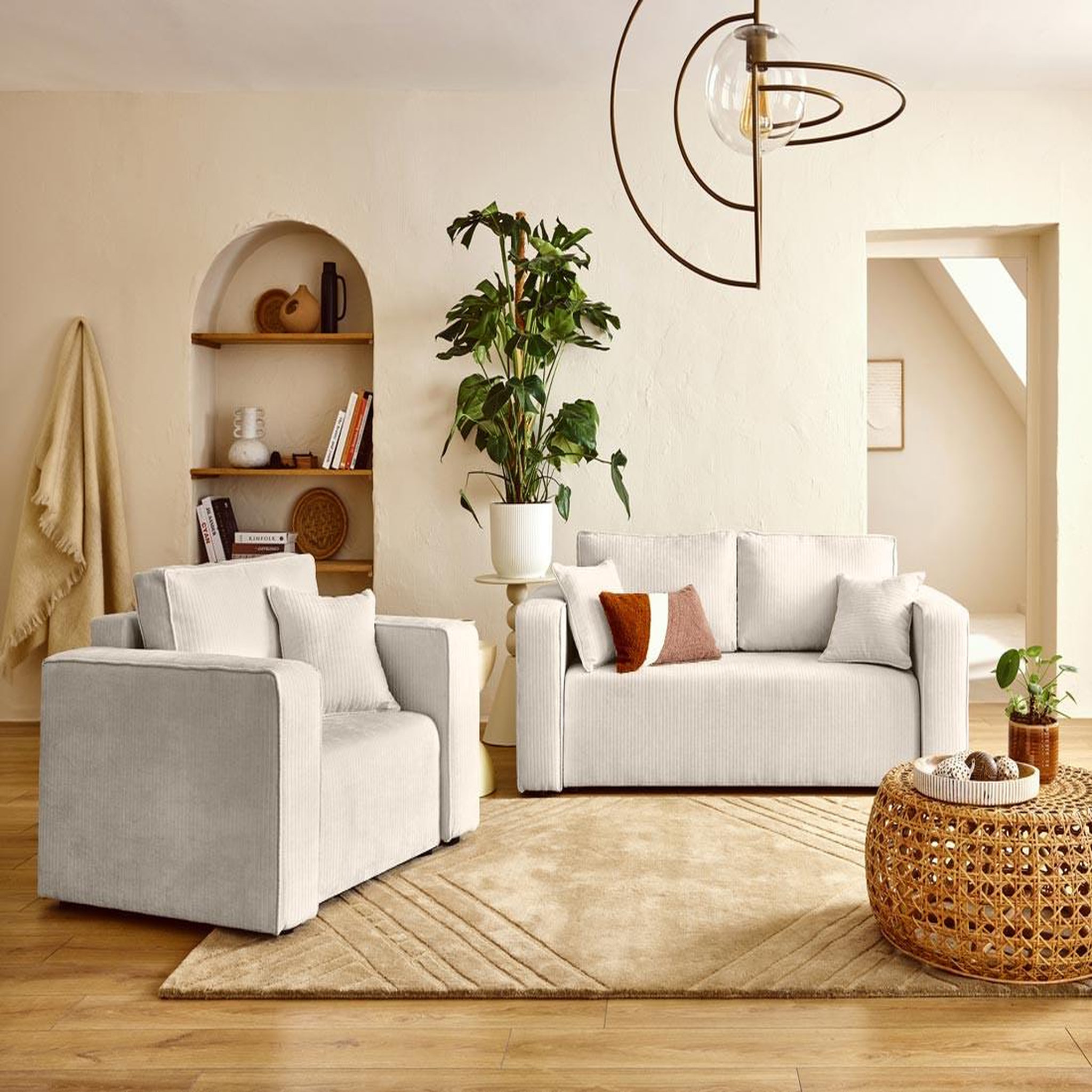Voir la diapositive 2 : BEST MOBILIER Topaze - canapé droit 2 places en velours côtelé plat