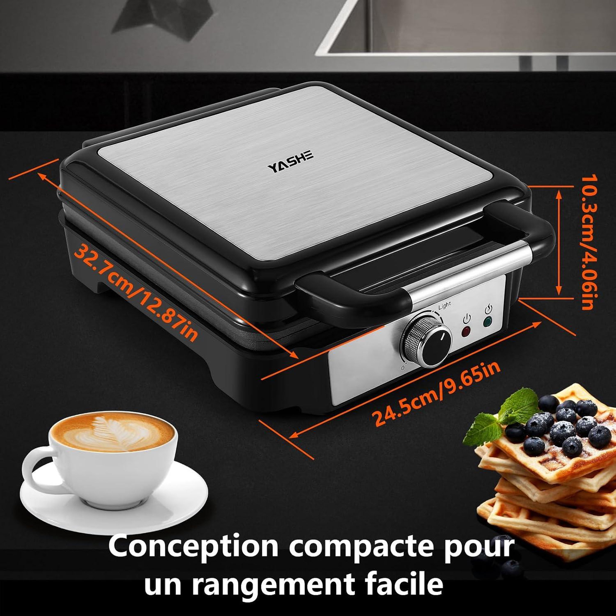 Voir la diapositive 6 : YASHE Gaufrier belge, 4 gaufres, 1200 W, 5 niveaux