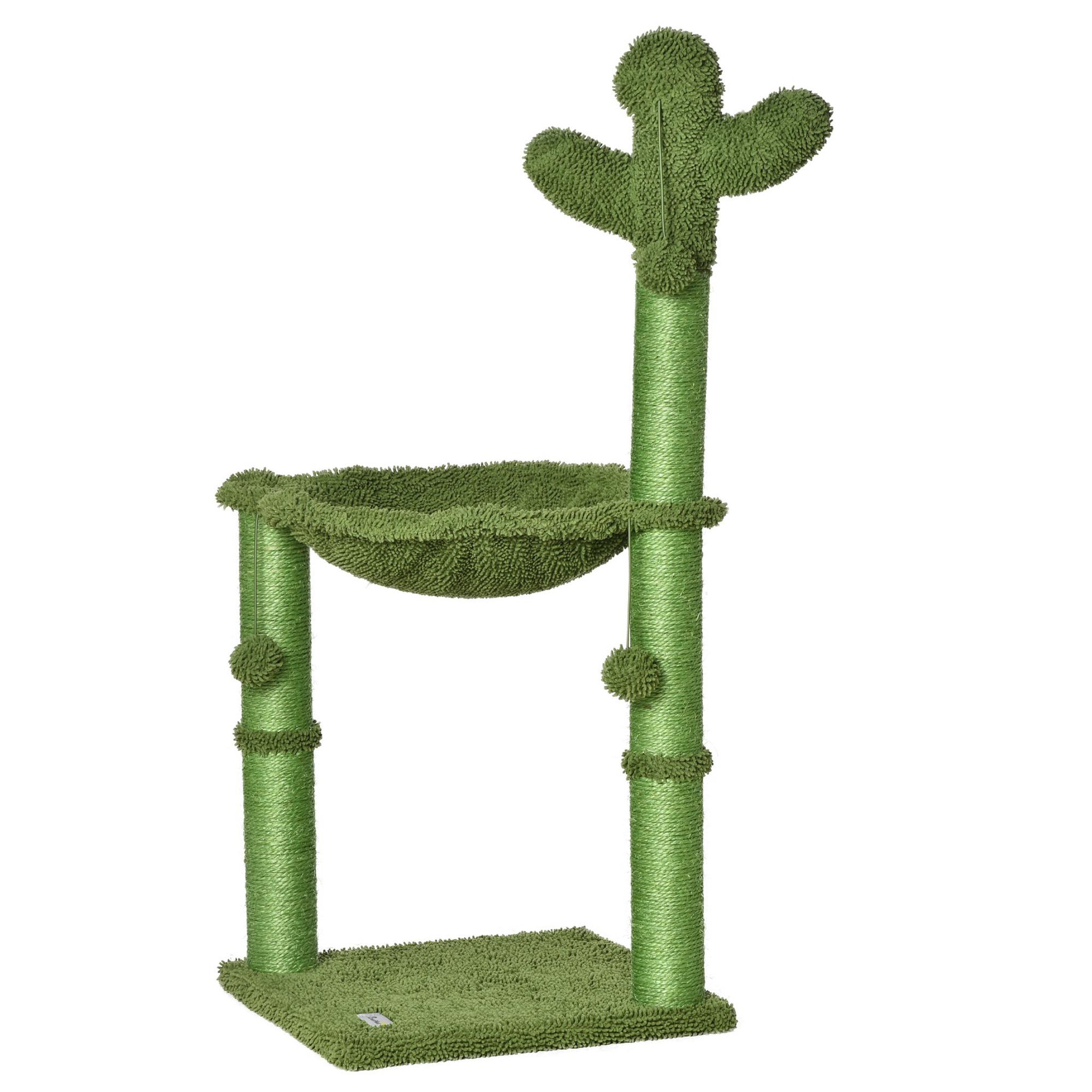 Voir la diapositive 1 : PAWHUT Arbre à chat griffoirs design cactus - hamac, 3 jouets pompons suspendus - panneaux peluche sisal vert