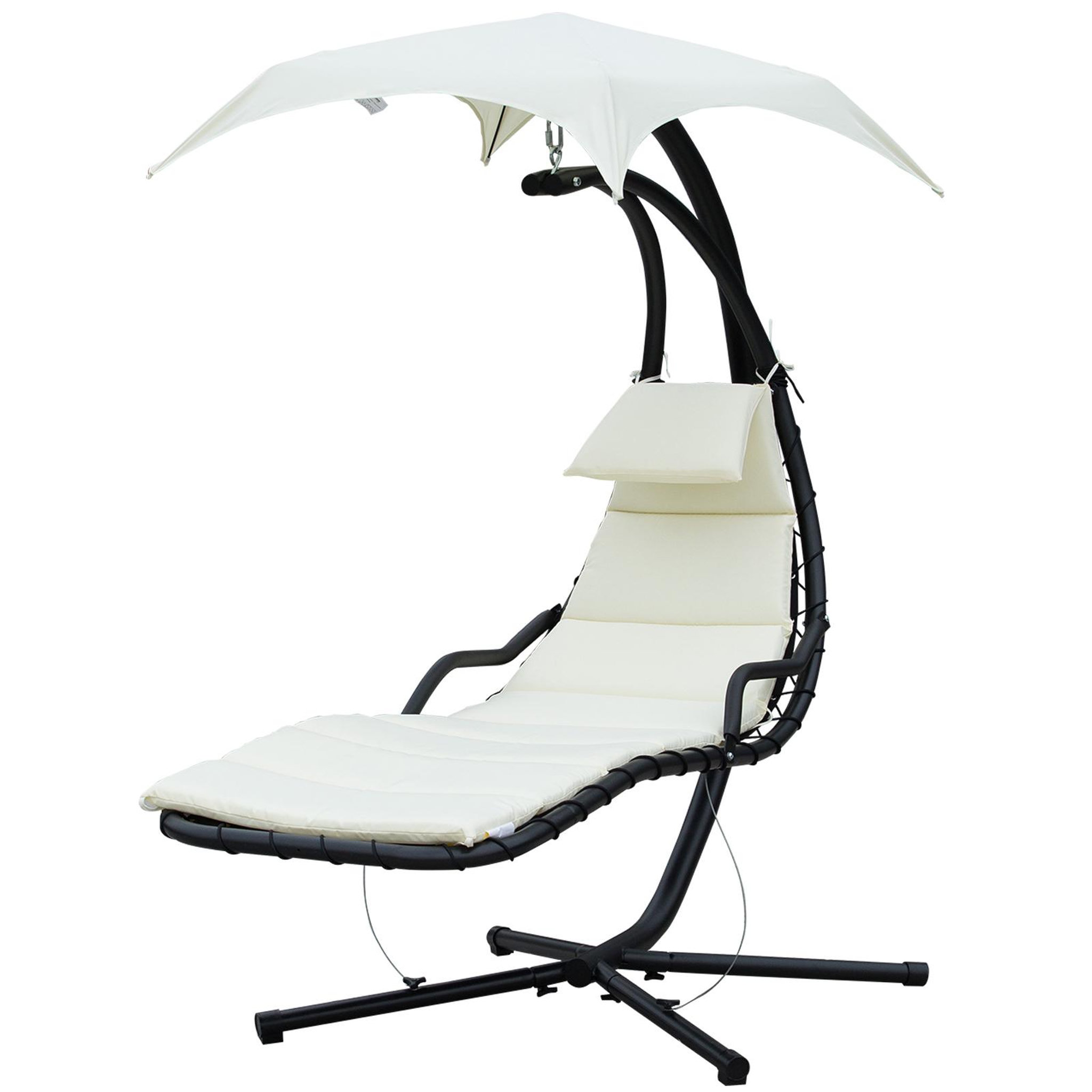 Voir la diapositive 1 : OUTSUNNY Bain de soleil transat suspendu avec pare-soleil et matelas design contemporain 190L x 115l x 190H cm acier polyester crème noir