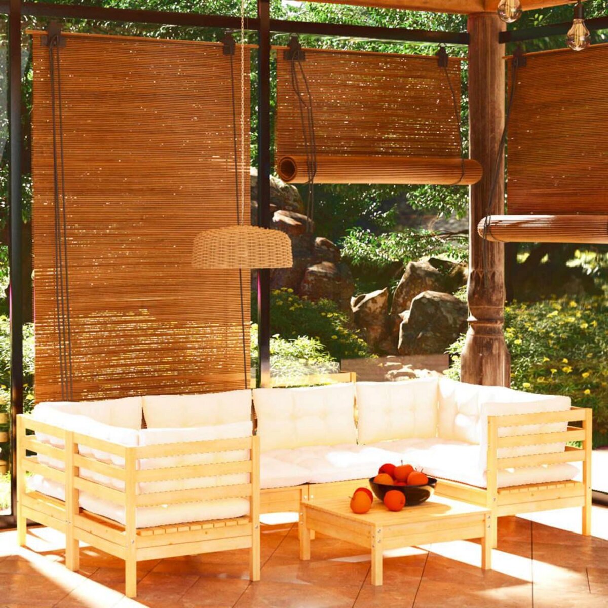 VIDAXL Salon de jardin 7 pcs avec coussins creme bois de pin
