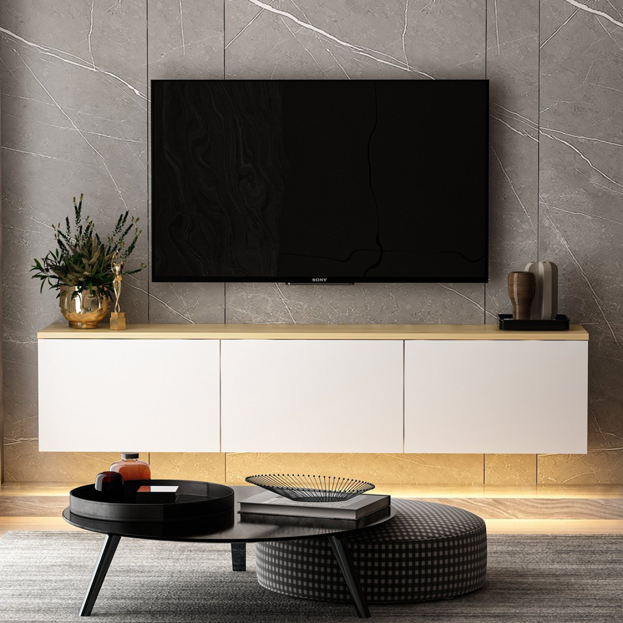 Voir la diapositive 2 : CONCEPT USINE Meuble tv led suspendu avec placards blanc et plateau bois 160cm lumi