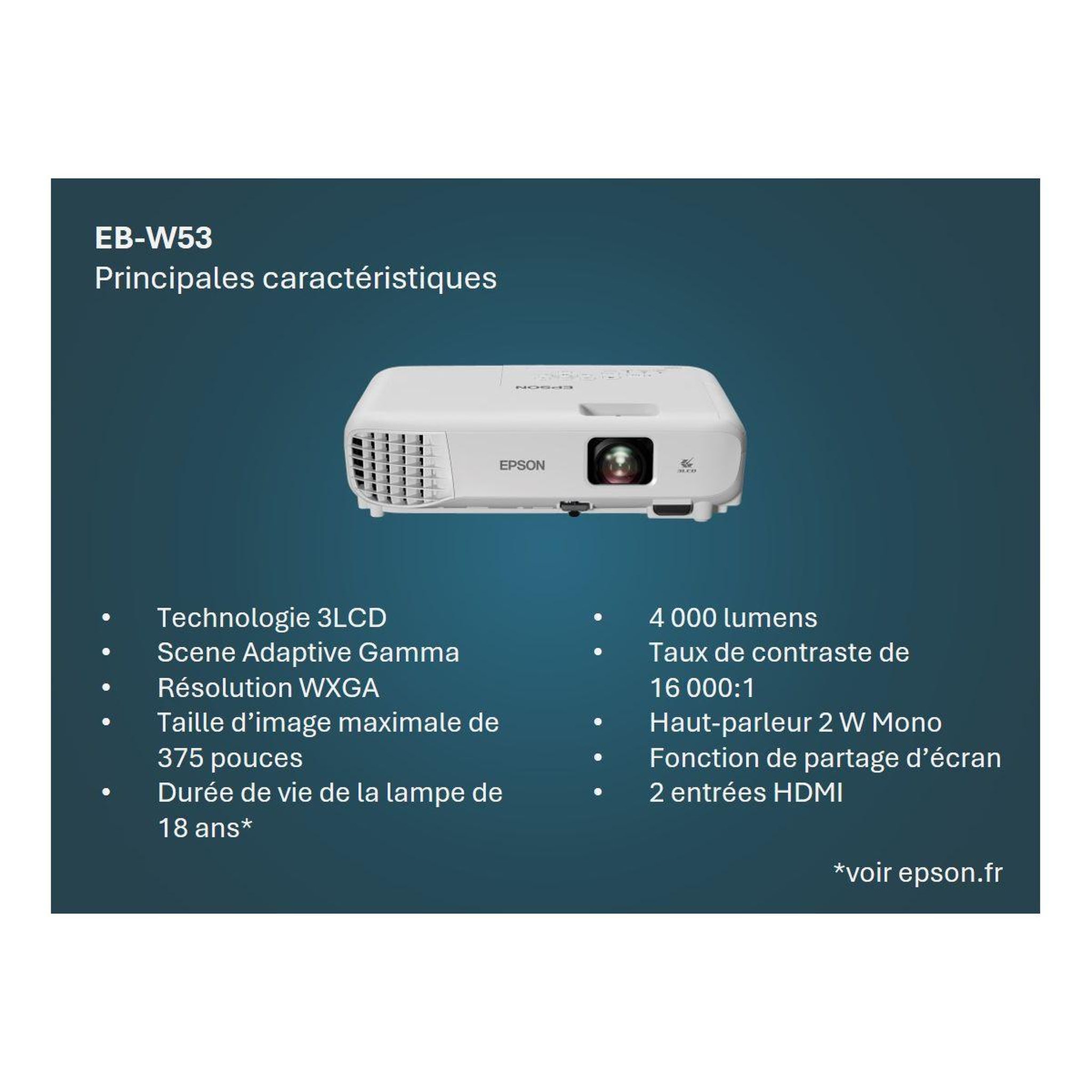 Voir la diapositive 2 : Epson Vidéoprojecteur portable eb-w53