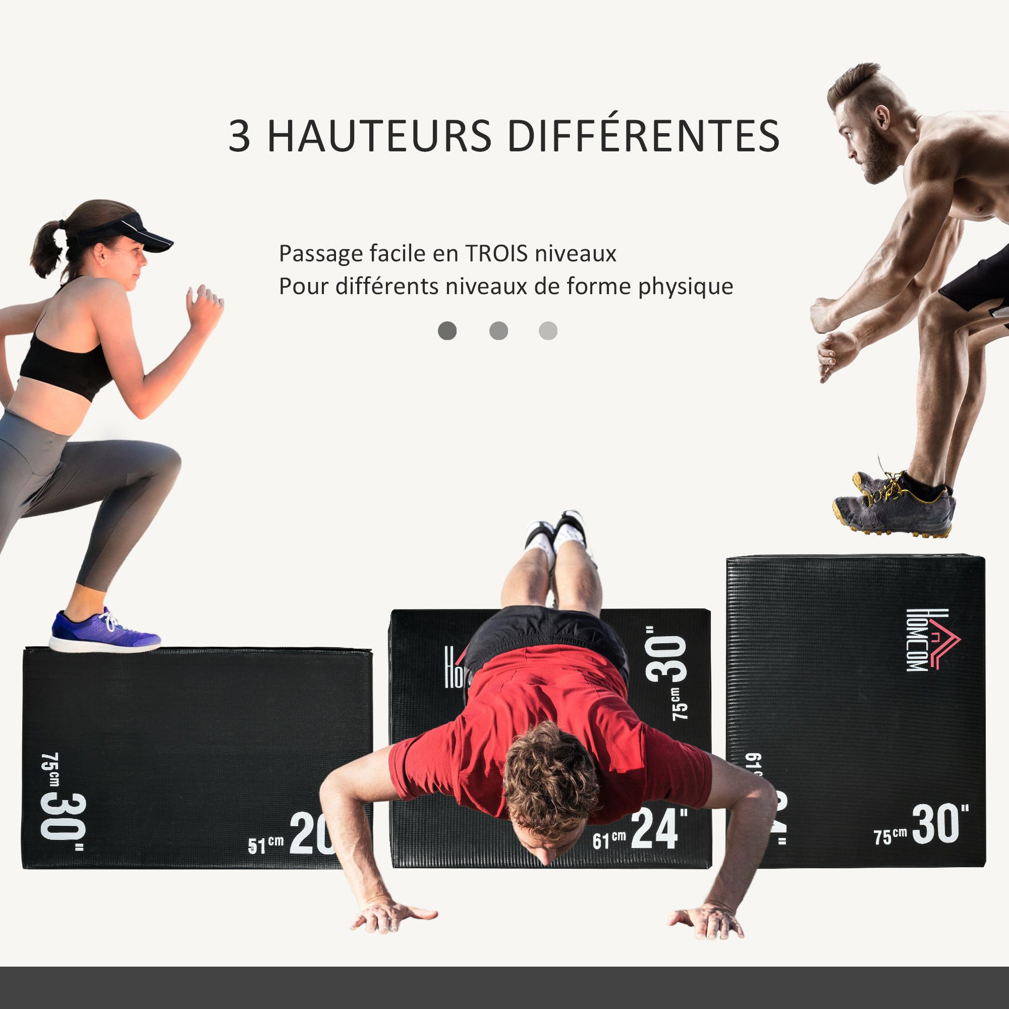 Voir la diapositive 6 : HOMCOM Box jump - box de pliométrie - boite de saut - 3 hauteurs 51/61/76H cm - charge max. 120 Kg - mousse revêtement PE noir