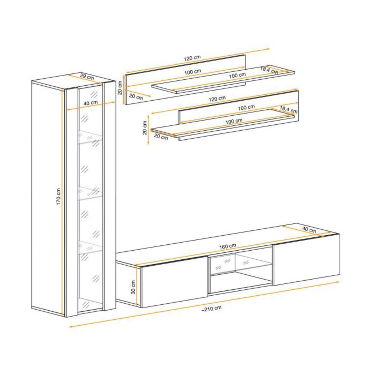 Paris Prix Meuble TV Mural Design  Fly XIX  210cm Blanc & Noir
