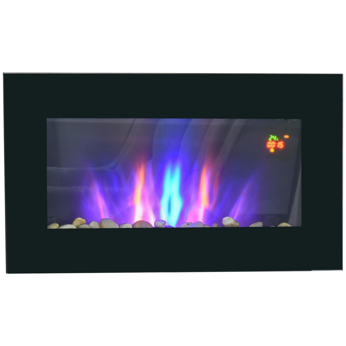 HOMCOM Cheminée électrique murale 1000/2000W effet flammes LED 7 couleurs réglables télécommande galets noir