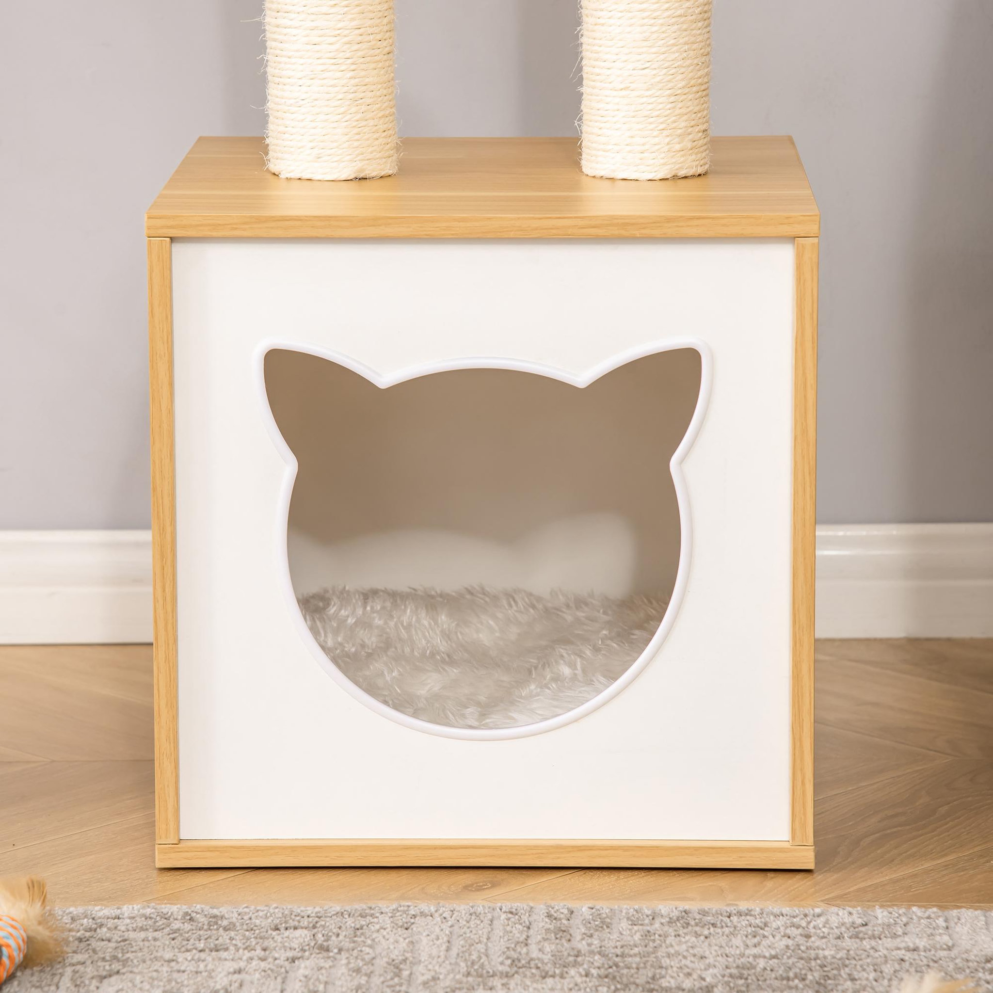 Voir la diapositive 5 : PAWHUT Arbre à chat 2 griffoirs niche entrée tête de chat plateforme d'observation jouet suspendu coussins amovibles peluche grande douceur aspect bois clair