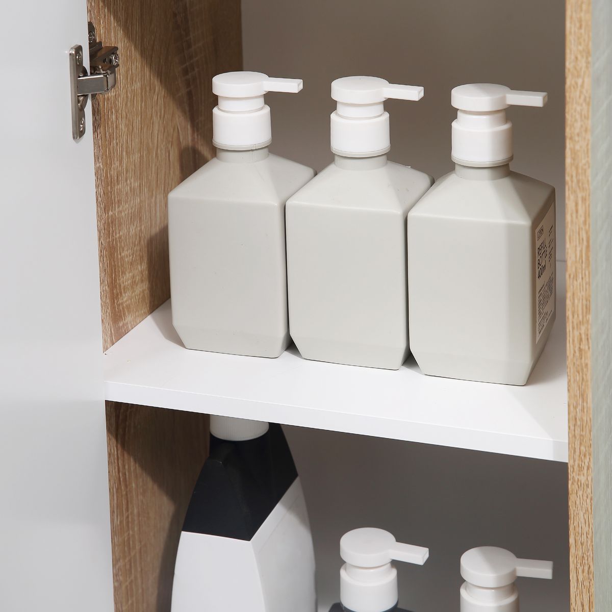 KLEANKIN Meuble colonne bas salle de bain style cosy dim. 32L x 30l x 90H cm porte étagère tiroir MDF blanc aspect chêne clair