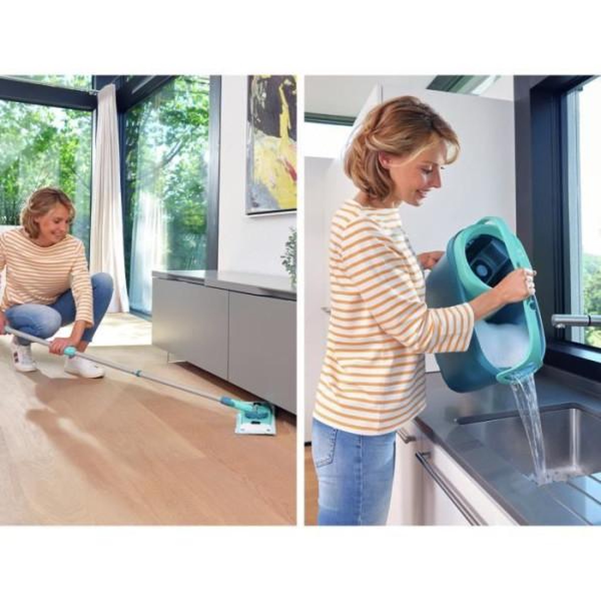 Voir la diapositive 4 : LEIFHEIT Set lave sol avec seau essoreur a roulettes leifheit clean twist ergo 52121, balai serpilliere a plat, manche télescopique 110-