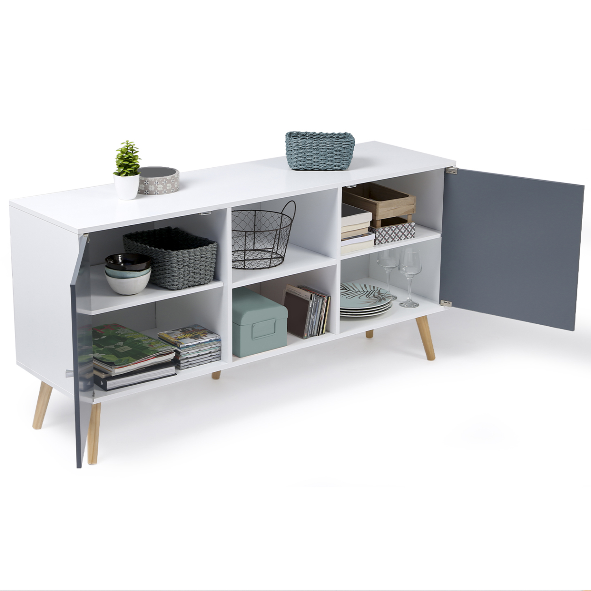 Voir la diapositive 4 : ID MARKET Buffet bas scandinave 140 cm effie 2 portes bois blanc et gris
