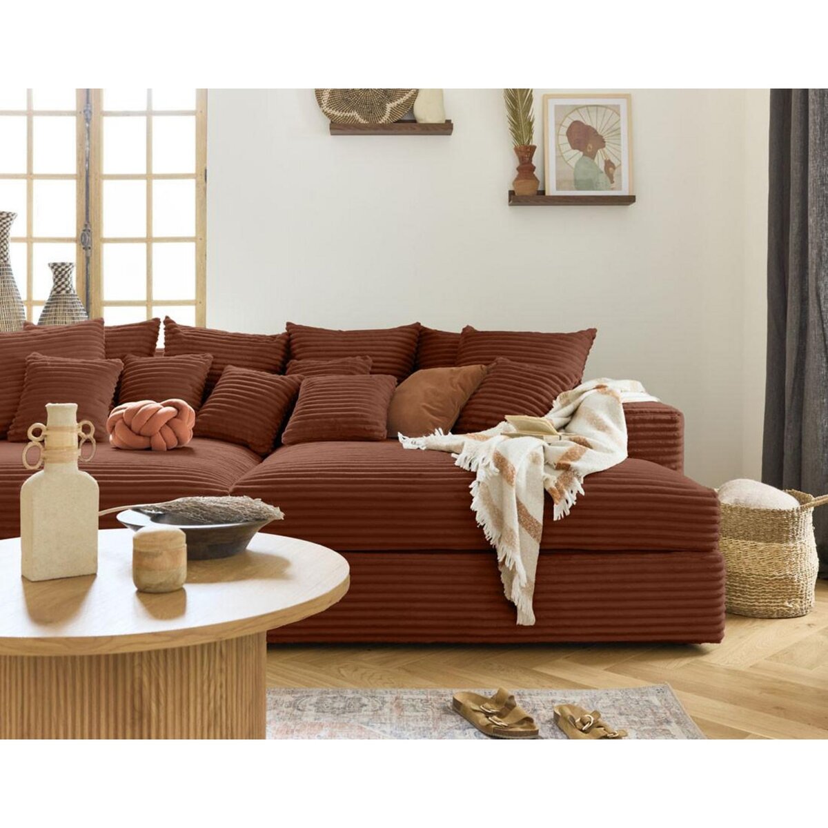 LISA DESIGN Collins - canapé droit 4 places avec double méridienne - assise profonde - velours côtelé grosses côtes