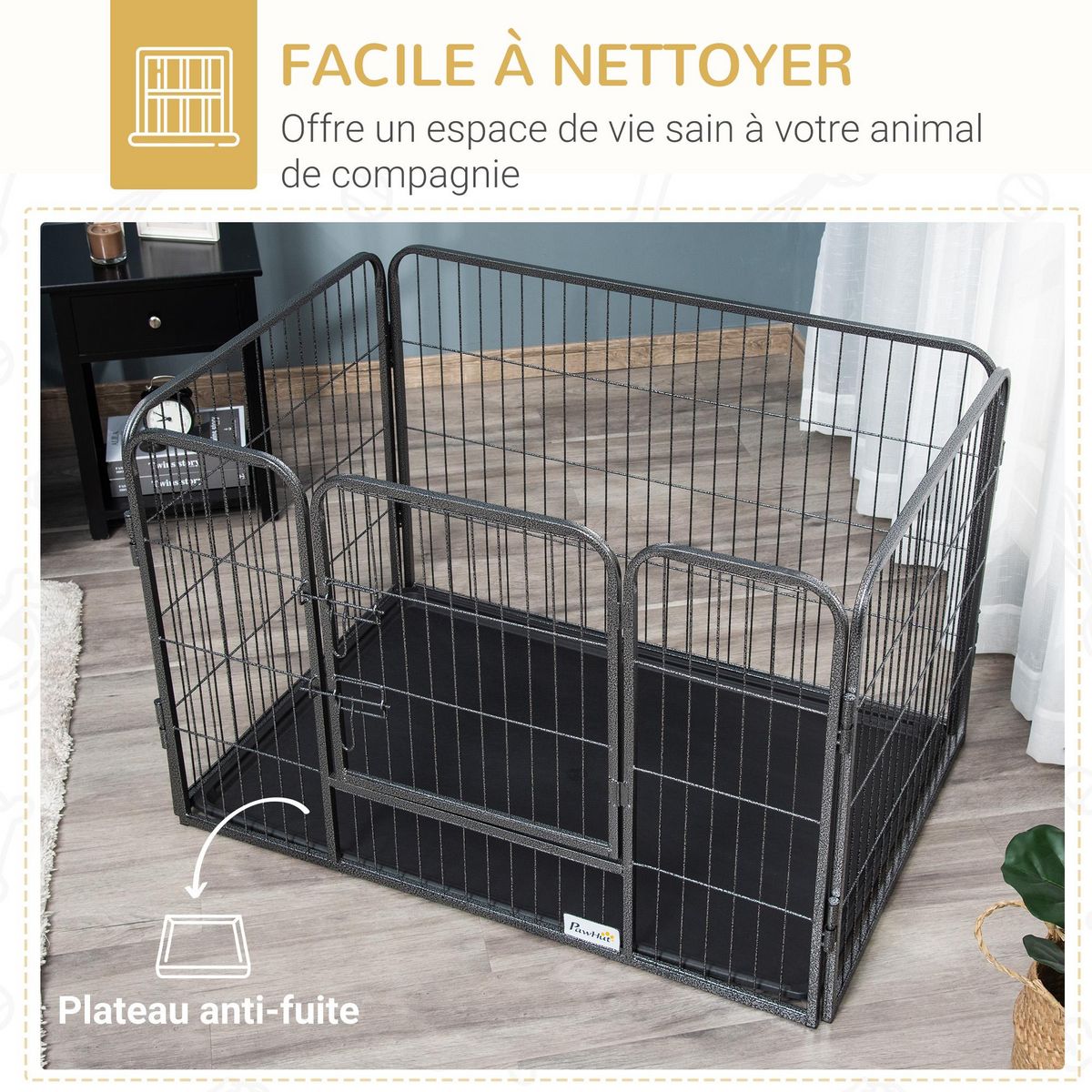 PAWHUT Cage chien démontable - enclos chien intérieur/extérieur - porte verrouillable, plateau - acier ABS gris noir