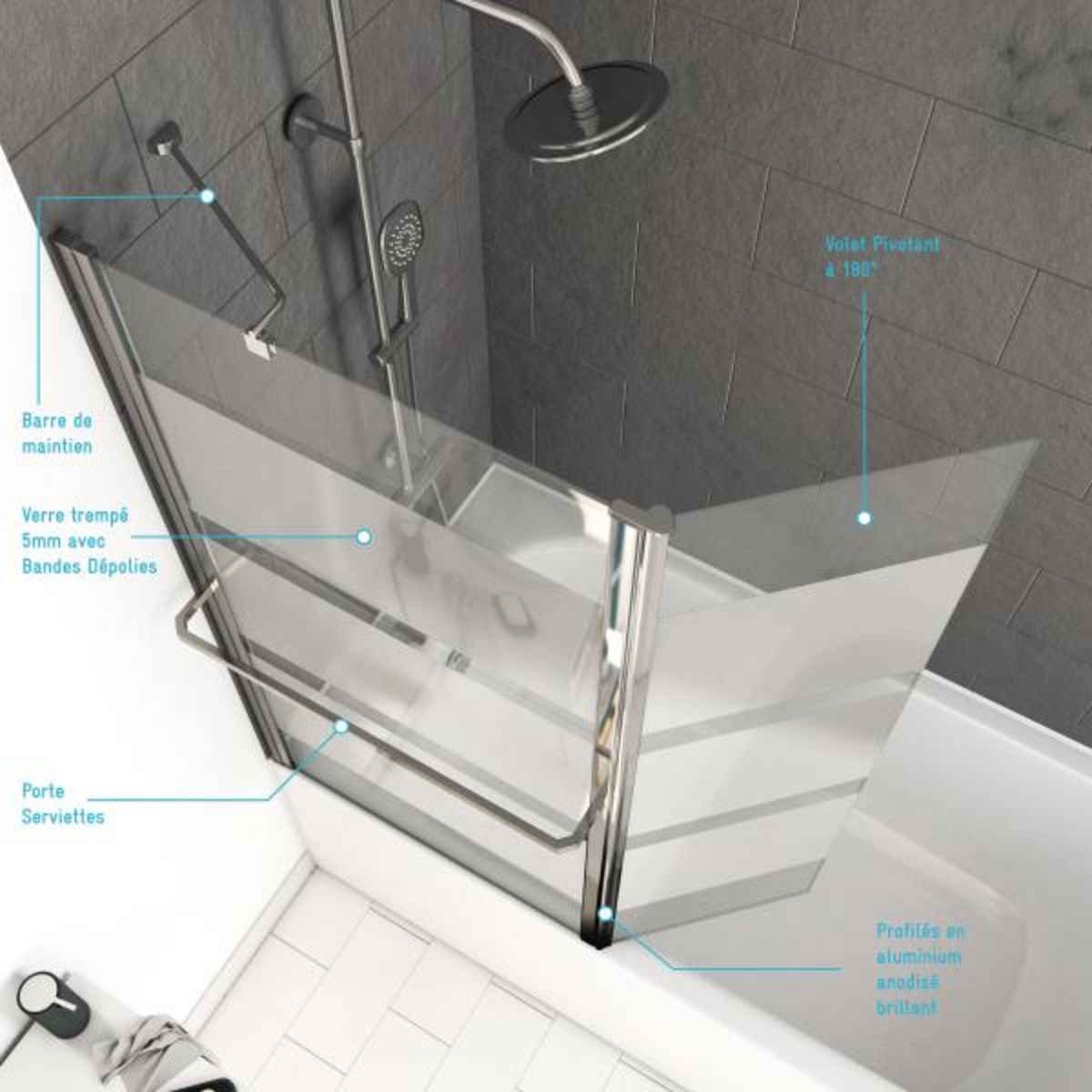 Aurlane Pare baignoire pivotant gris verre dépoli 104x 130 cm - IBIZA