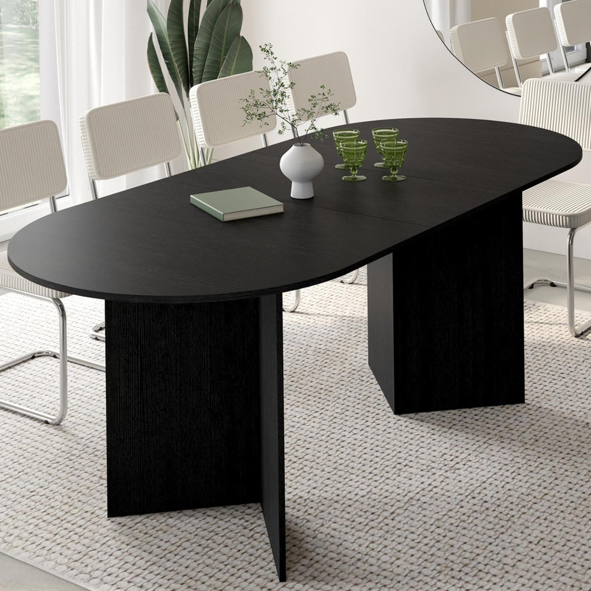 Voir la diapositive 2 : ID MARKET Table à manger extensible ovale marthe 6 -10 personnes bois noir 160-200 cm