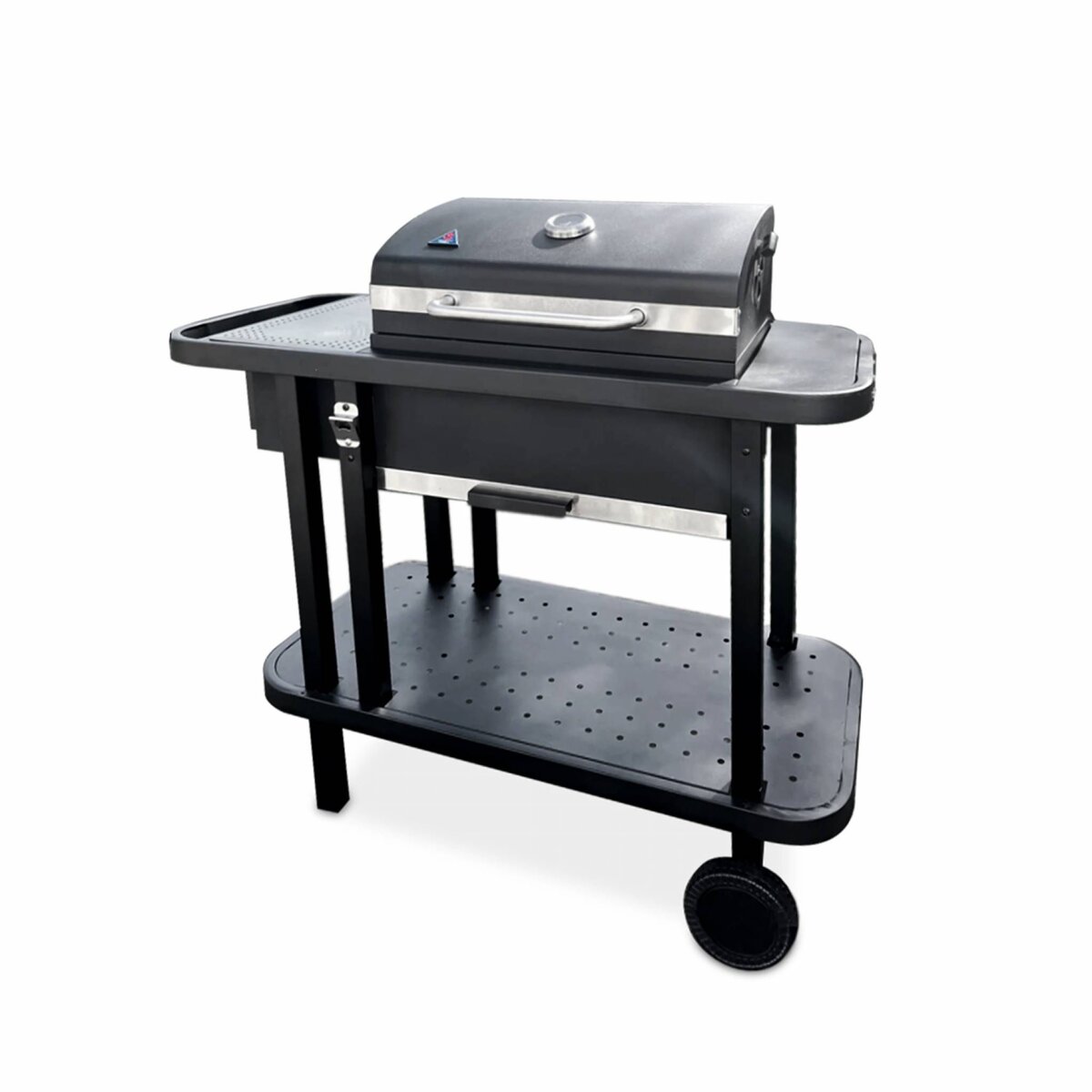 SWEEEK Barbecue charbon de bois - SNGONE FR noir - barbecue à allumage automatique avec housse. plancha. lampe LED USB. porte-ustensiles. grille maintien au chaud & récupérateur de cendres