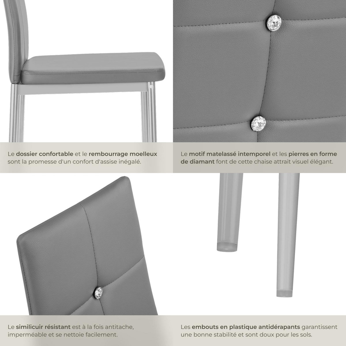 tectake Ensemble de chaises de salle à manger rembourré avec revêtement aspect cuir gris Lot de 6