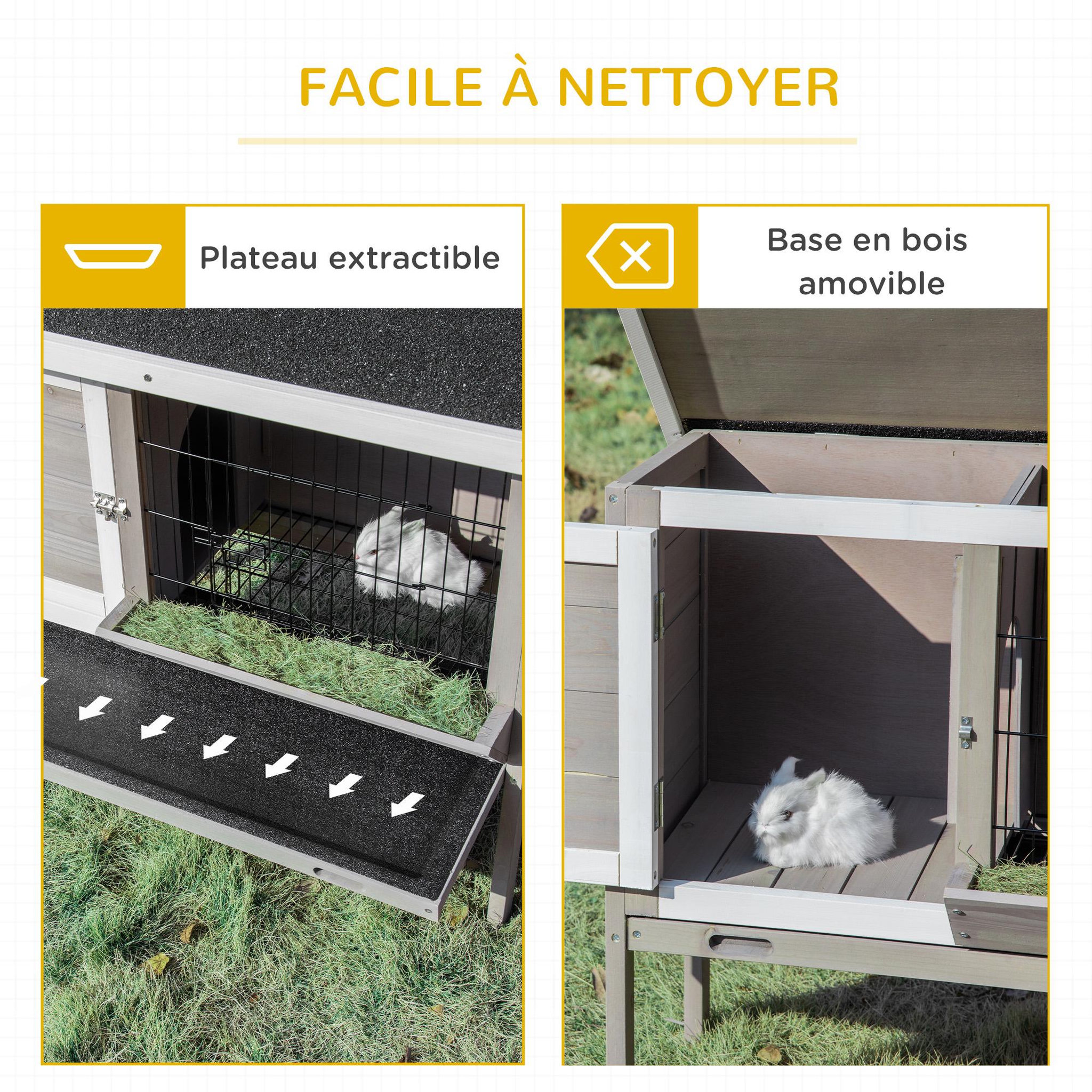 Voir la diapositive 4 : PAWHUT Clapier sur pied - 2 portes, toit bitumé ouvrant, plateau coulissant - acier bois gris blanc noir