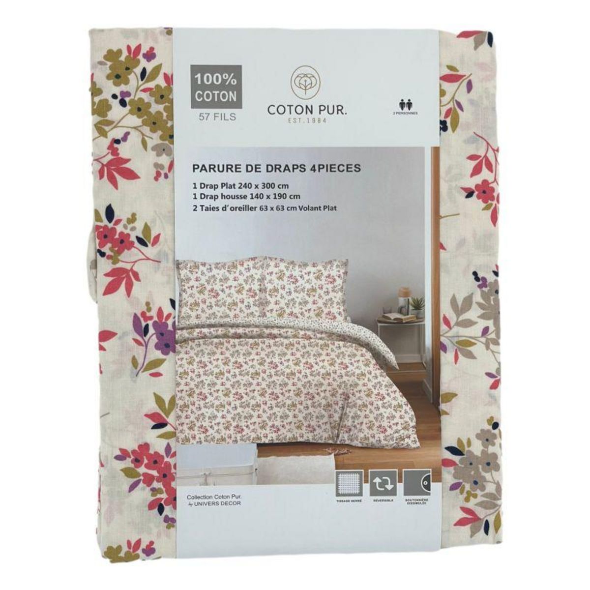 COTON PUR Parure de draps 4 pièces pour lit 140 x 190 cm Tanya multicolore