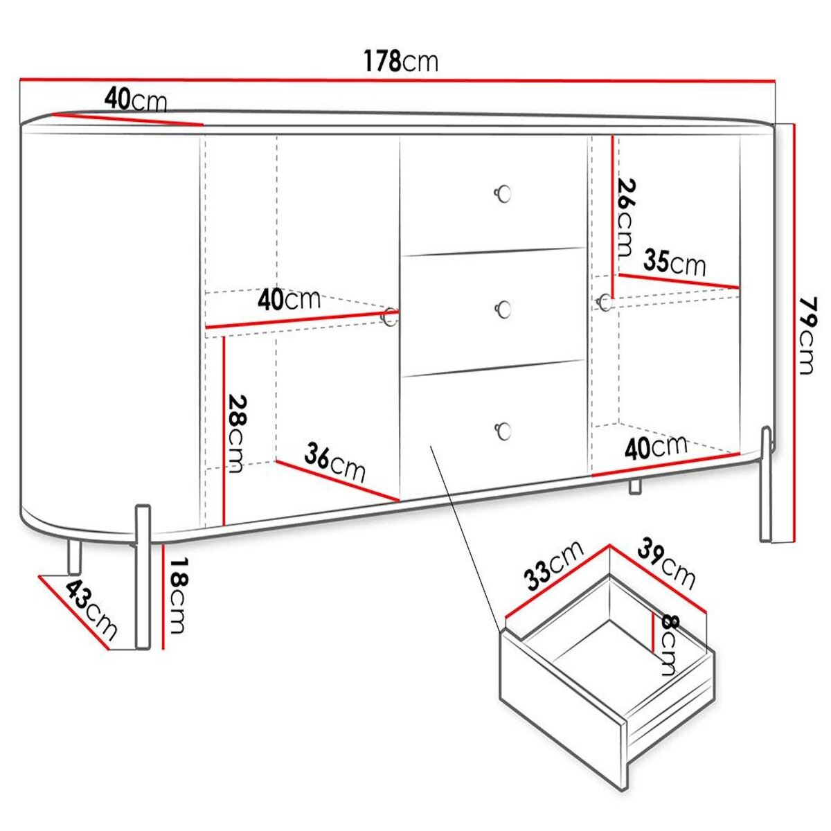 BEST MOBILIER Jaime - buffet bas 178 cm - 3 tiroirs, 2 portes et 2 étagères