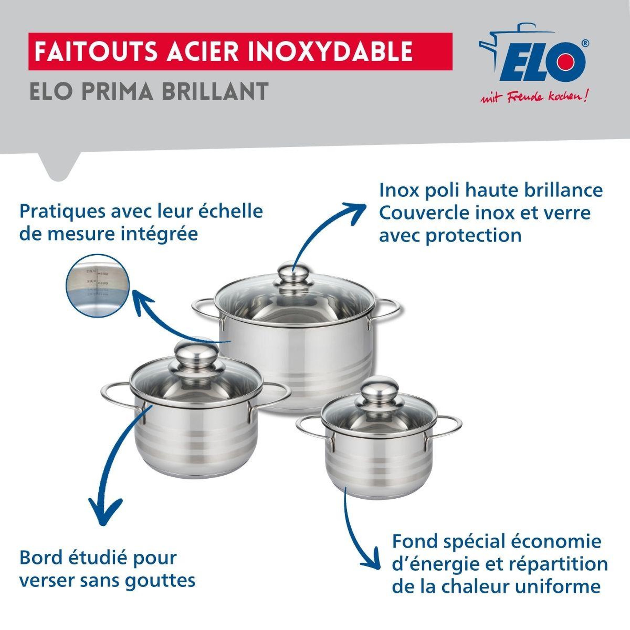Voir la diapositive 3 : ELO Ensemble de 3 poêles de cuisson 20, 24 et 28 cm et 3 faitouts 14, 16 et 20 cm elo prima brillant