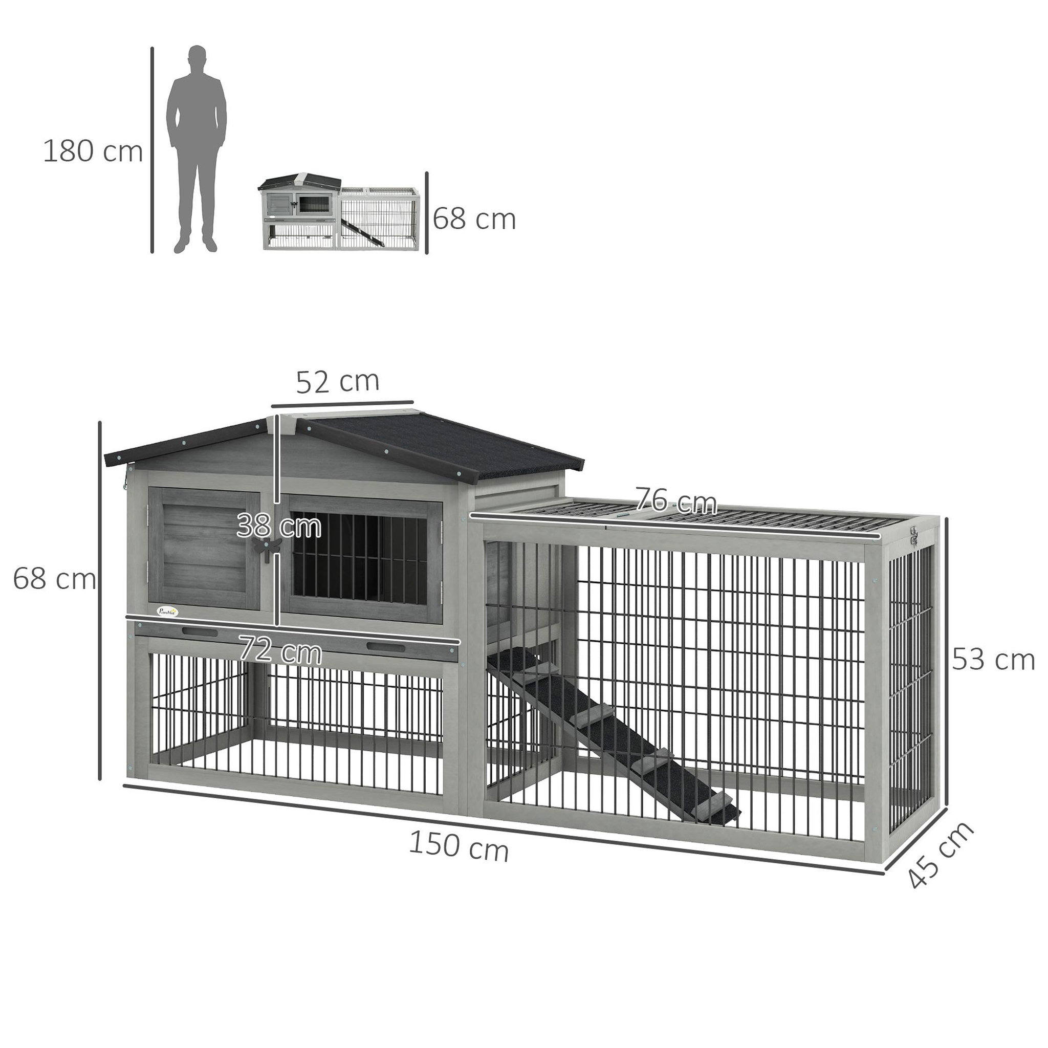 Voir la diapositive 3 : PAWHUT Clapier cage à lapins cottage - niche haute, rampe, enclos extérieur - plateau excrément, toit ouvrant, 2 portes verrouillables - bois gris