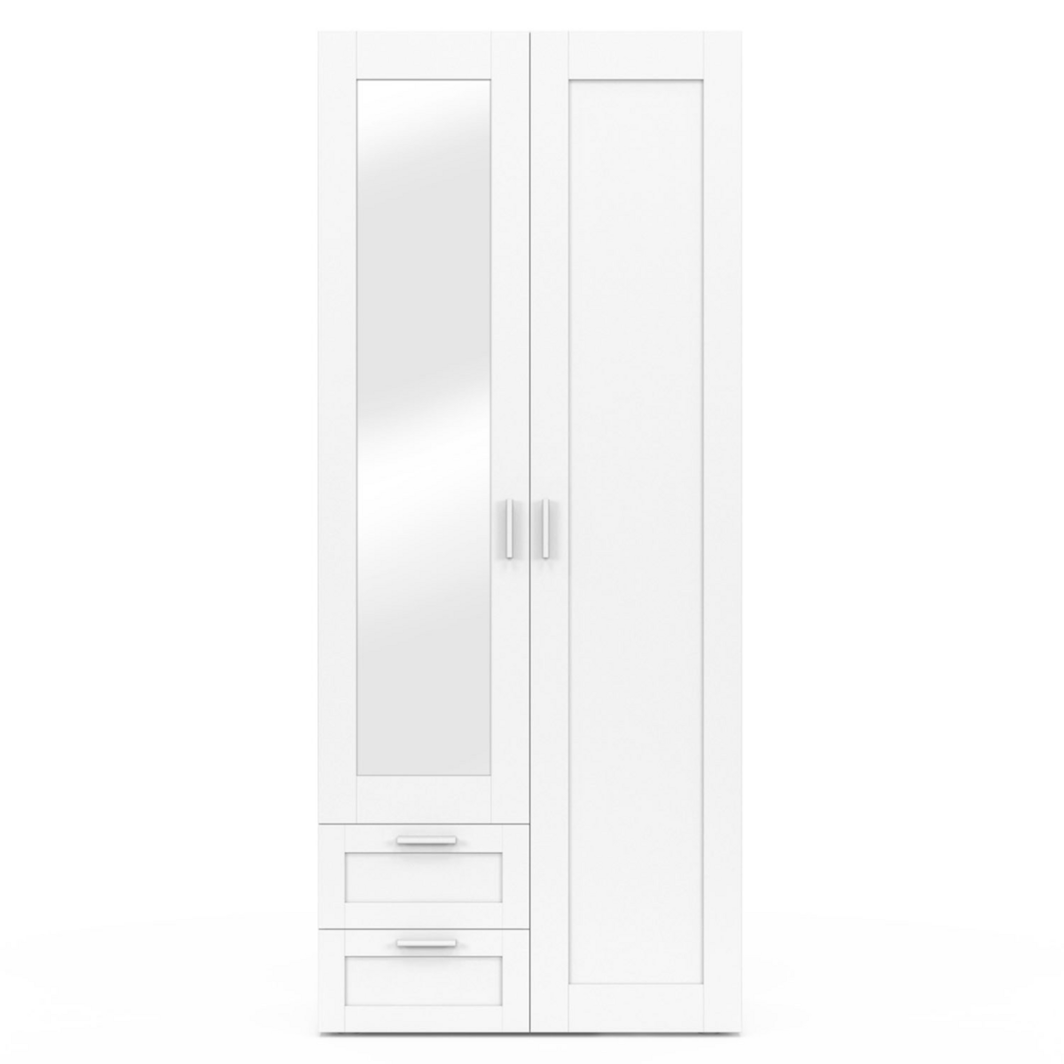 ID MARKET Armoire 2 portes VITO blanc penderie 80 cm avec 2 tiroirs, miroir et étagères