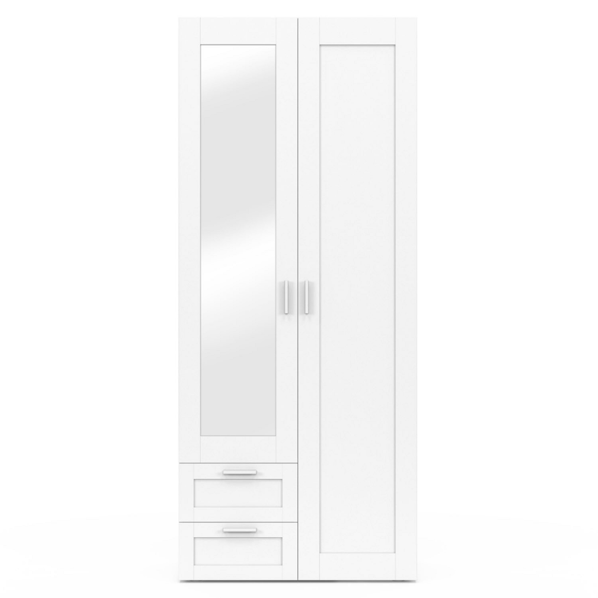 ID MARKET Armoire 2 portes VITO blanc penderie 80 cm avec 2 tiroirs, miroir et étagères