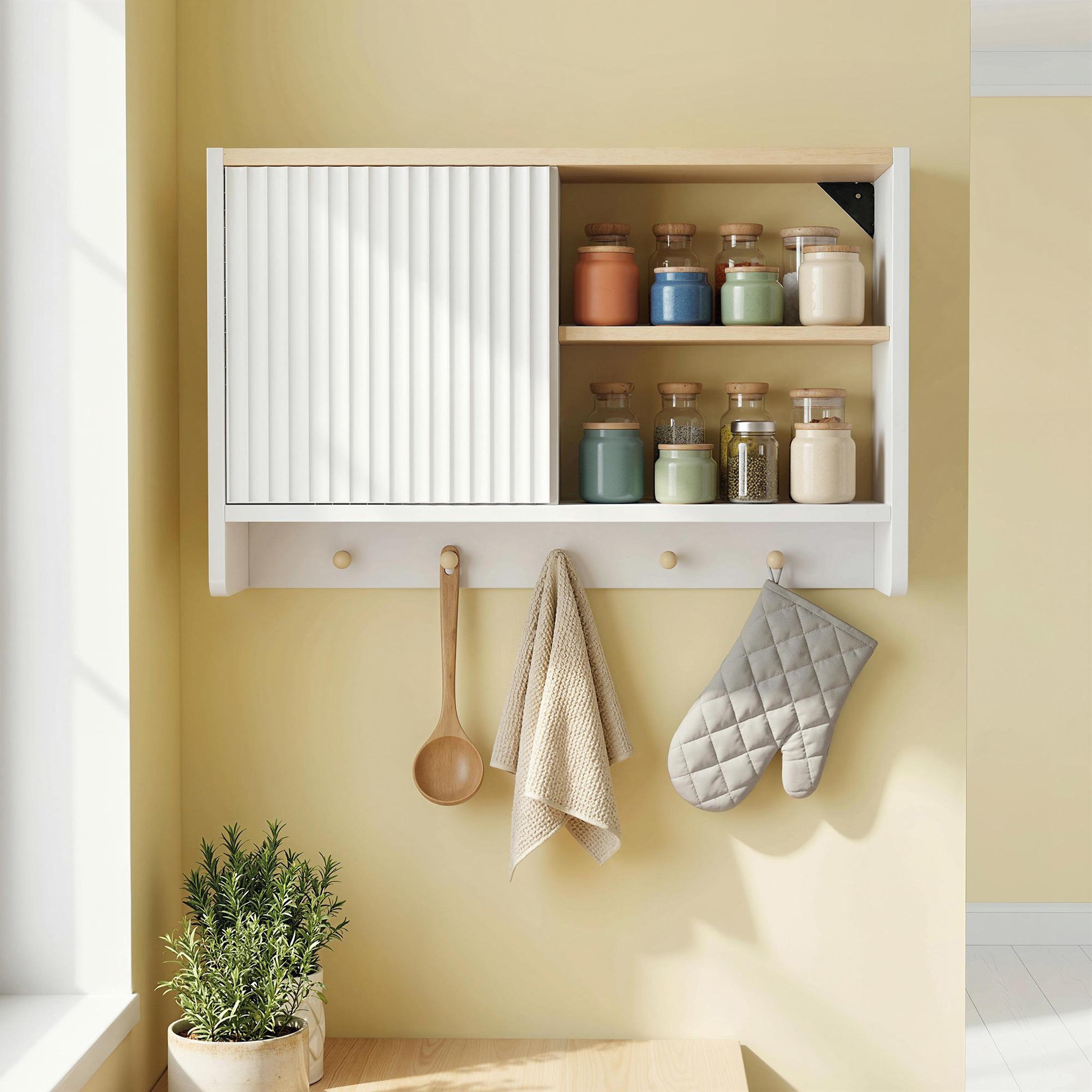 Voir la diapositive 4 : HOMCOM Armoire murale salle de bain rangement porte crochets bois blanc chêne