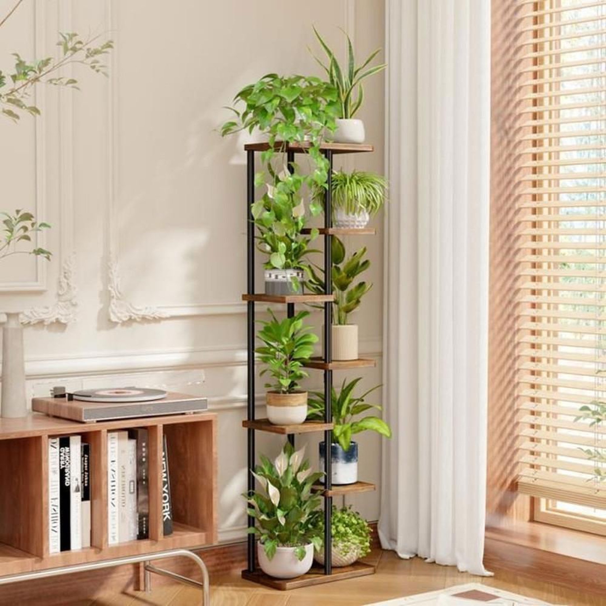 Voir la diapositive 2 : Support à plantes 7 niveaux brun rustique, cadre en fer pur et étagères en MDF épais
