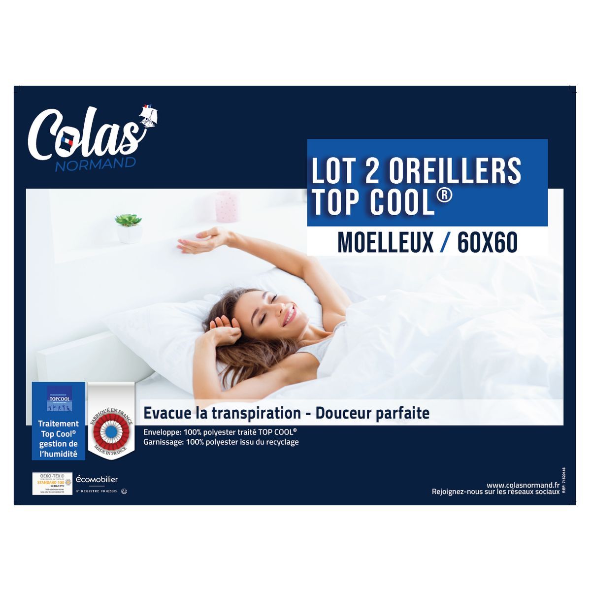 COLAS NORMAND Lot de 2 Oreillers confort Moelleux Polyester TOP COOL