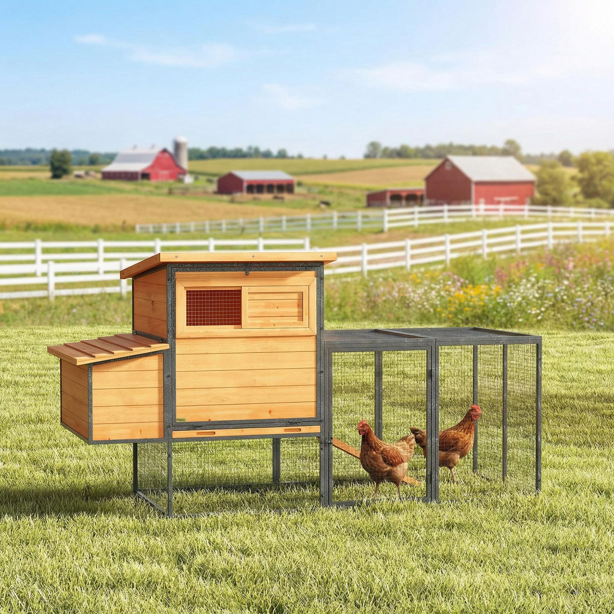 PAWHUT Poulailler bois surélevé avec enclos acier - 2 pondoirs, 3 portes, toits ouvrants - 192x81x104cm