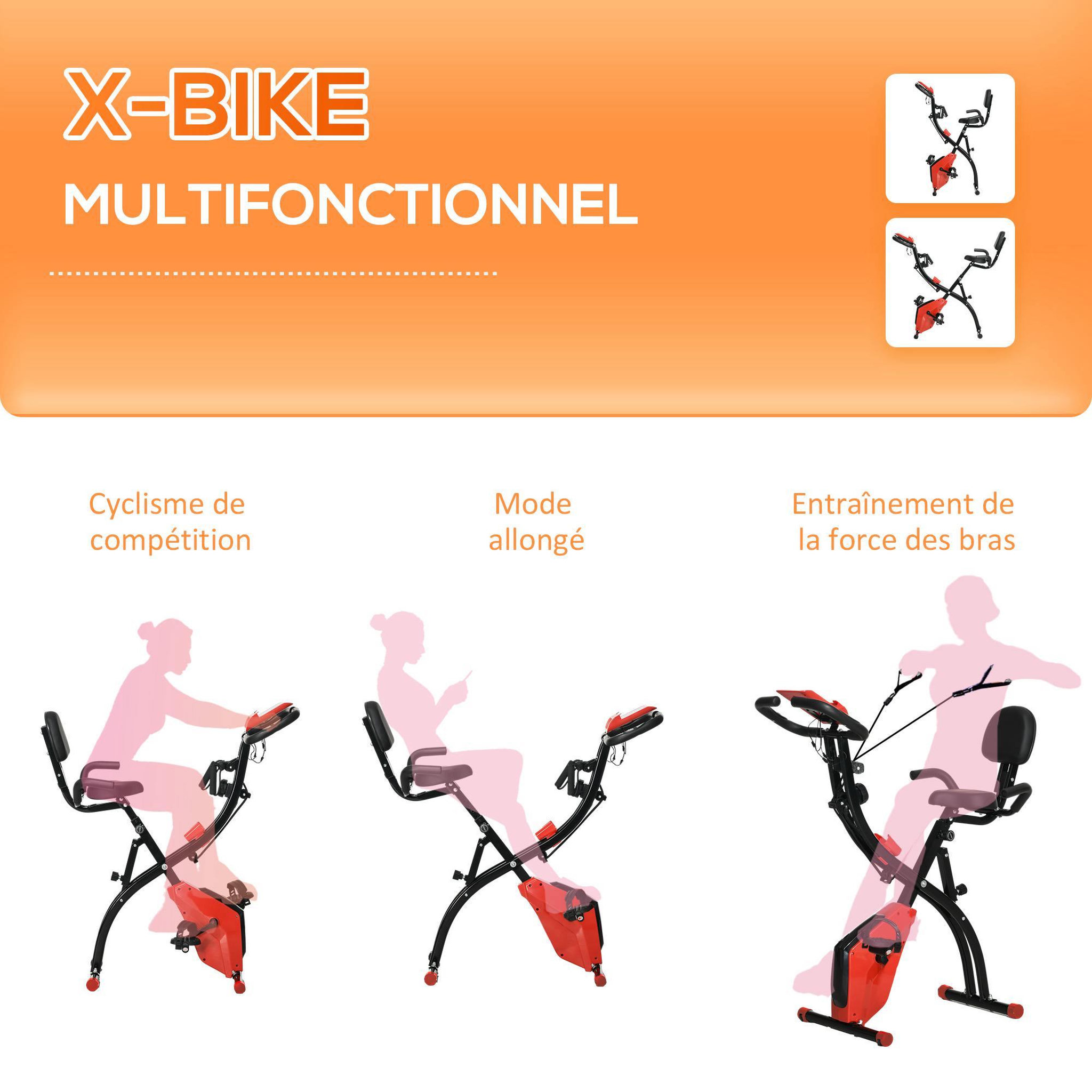 Voir la diapositive 6 : HOMCOM Vélo d'appartement pliant 8 niveaux de résistance magnétique dossier selle réglable poignées ergonomiques écran LCD multifonction suspensions support tablette acier