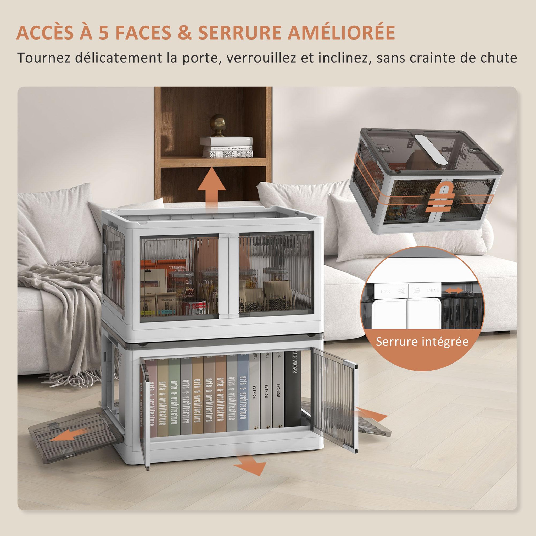 Voir la diapositive 4 : HOMCOM Ensemble de 3 boîtes de rangement 69L pliables empilables - couvercle, roulettes - blanc gris