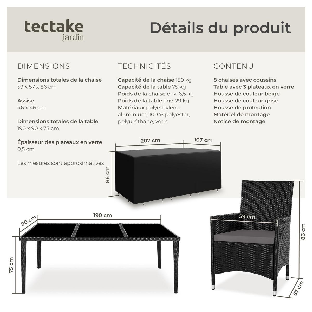 tectake Salon de jardin avec cadre en aluminium noir