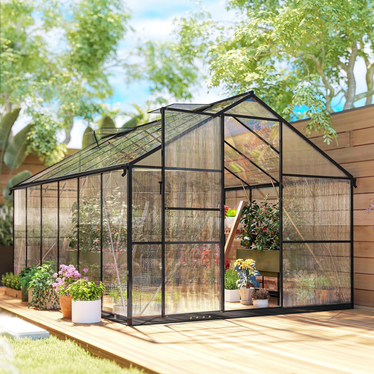 OUTSUNNY Serre de jardin 8,45 m² aluminium avec parois polycarbonate porte 2 lucarnes
