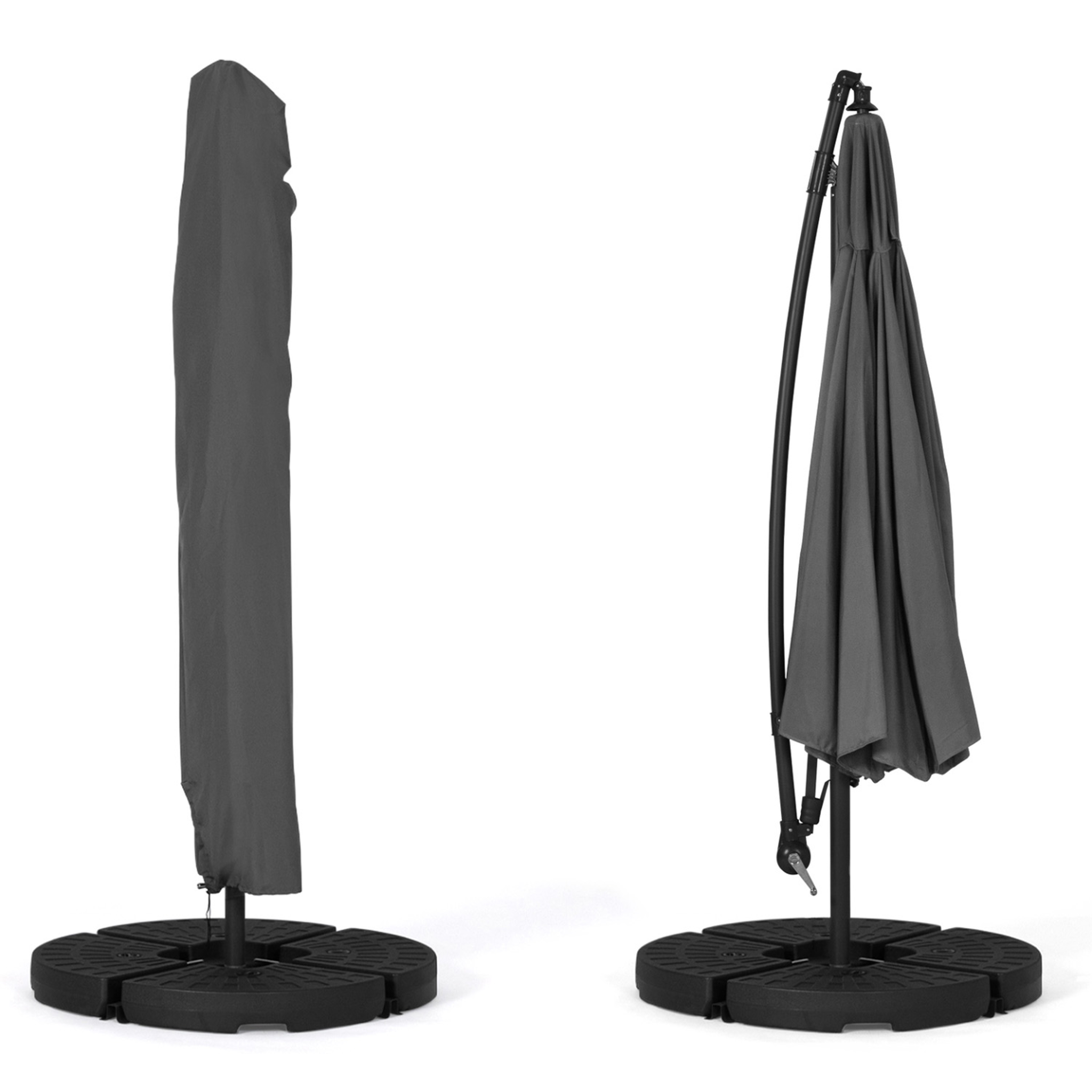 Voir la diapositive 3 : ID MARKET Parasol déporté rotatif 360 ajaccio gris d.3,5m avec 4 dalles et housse